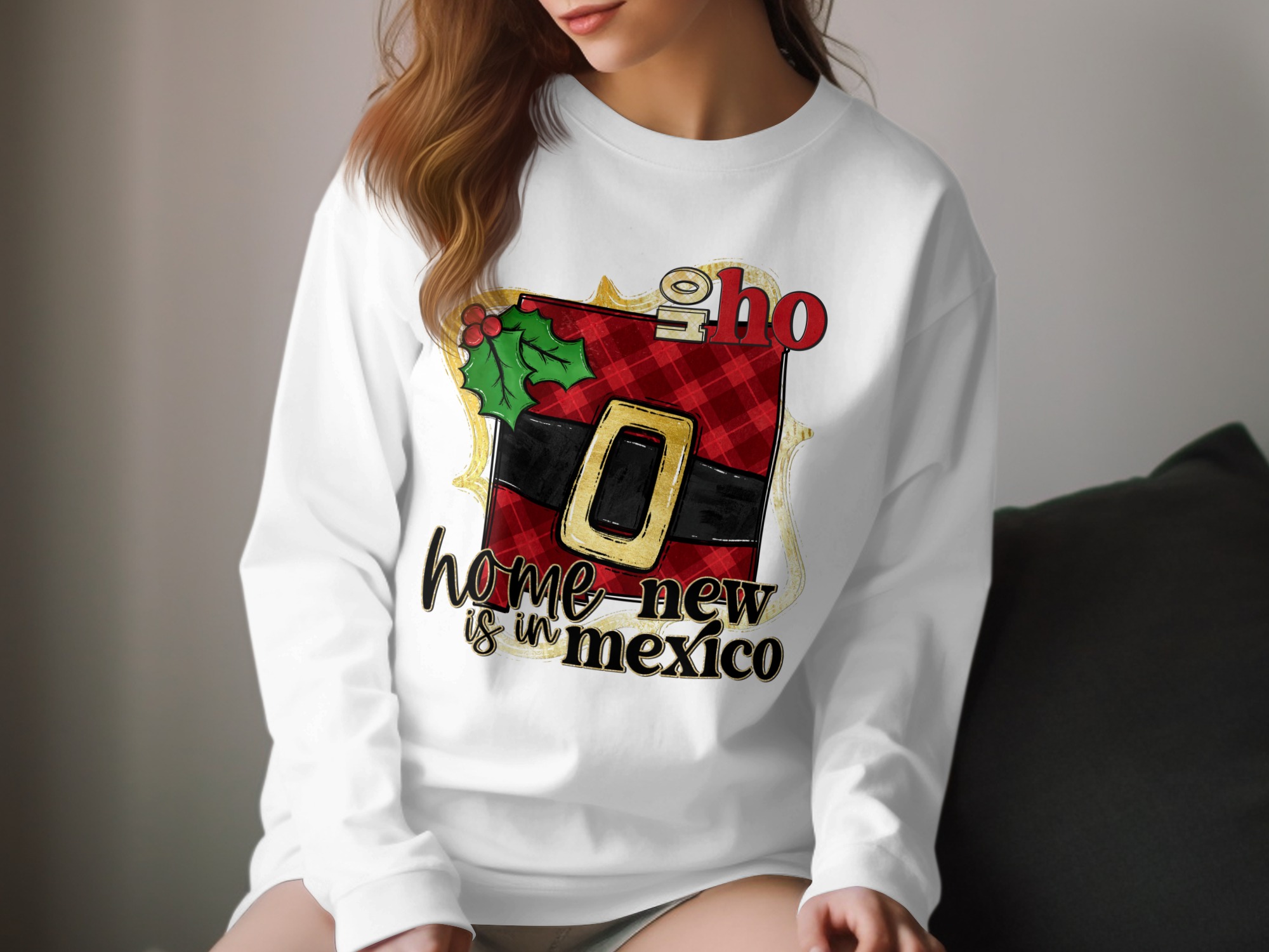 New Mexico Christmas Long Sleeve T-Shirt, Home is in NM, Santa Belt Ho Ho Ho, Holiday Gift Tee, State Pride Christmas, NM Xmas Apparel