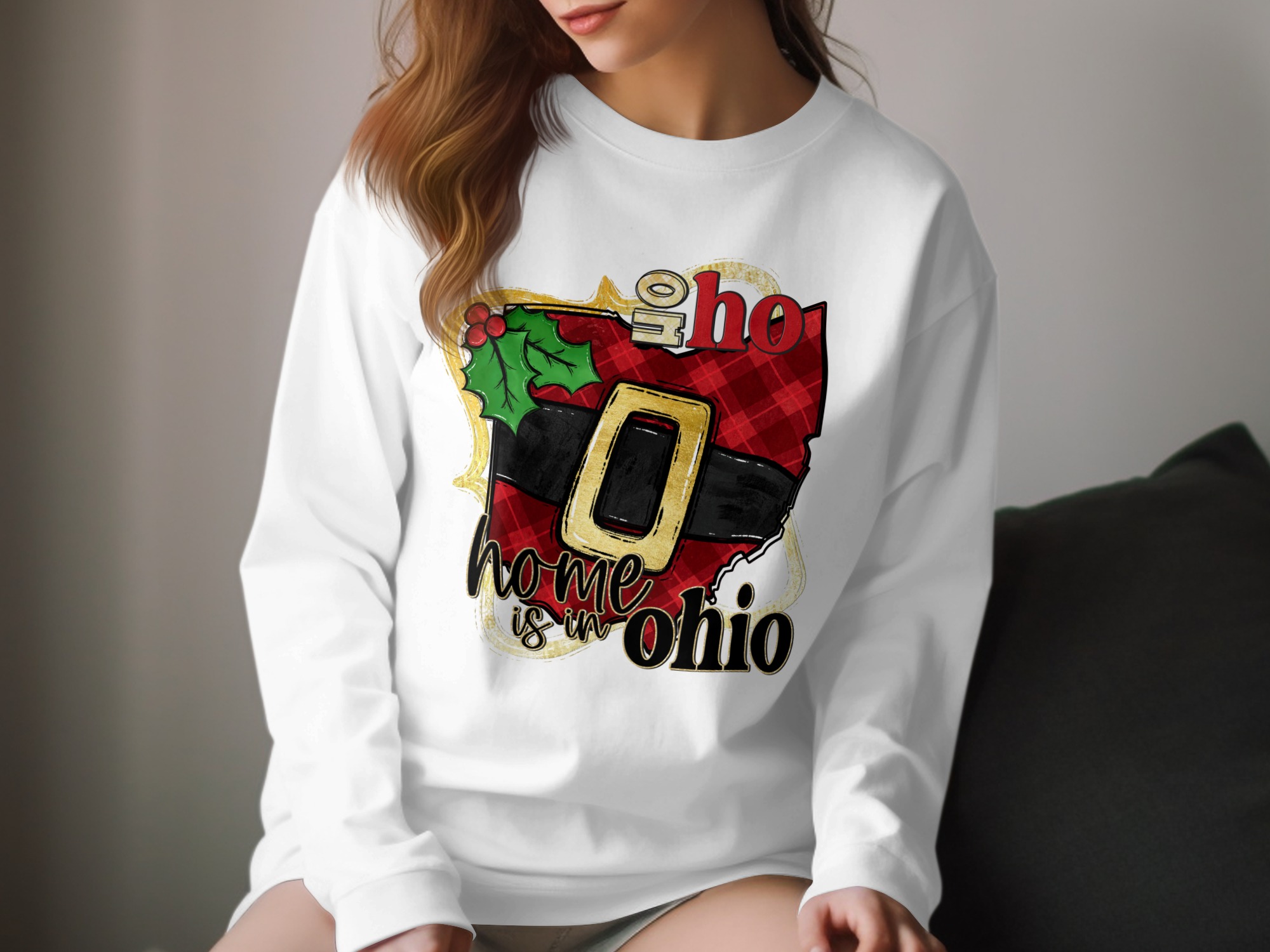 Home Is In Ohio Long Sleeve T-Shirt, Christmas Ohio, Santa Belt Ohio State, Ohio Lover Gift, Holiday Shirt, Ohio Christmas Shirt