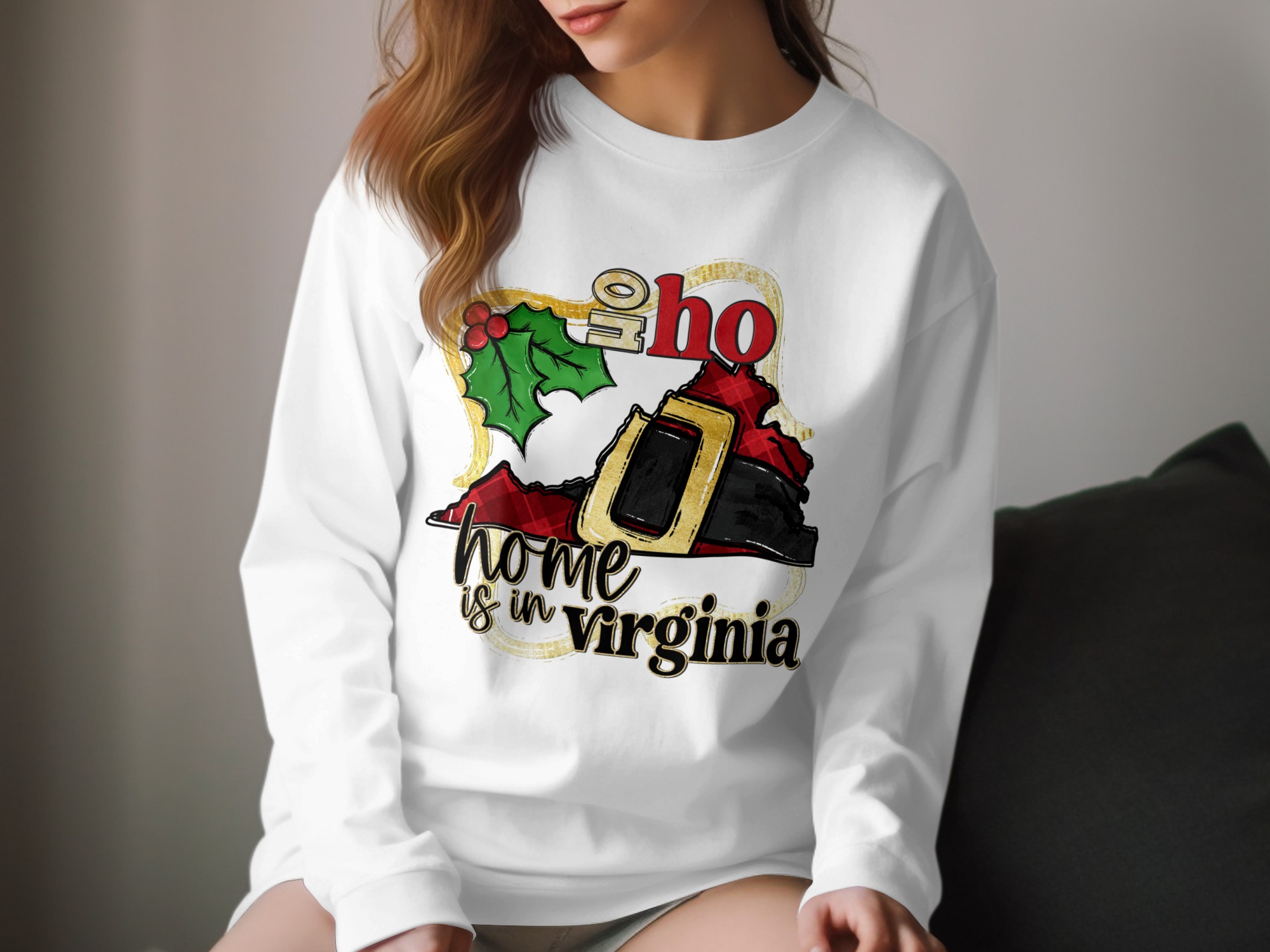 Home is in Virginia Long Sleeve T Shirt, Christmas Virginia Gift, Ho Ho Ho, Virginia State Santa Belt, Virginia Holiday Shirt, Virginia Tee