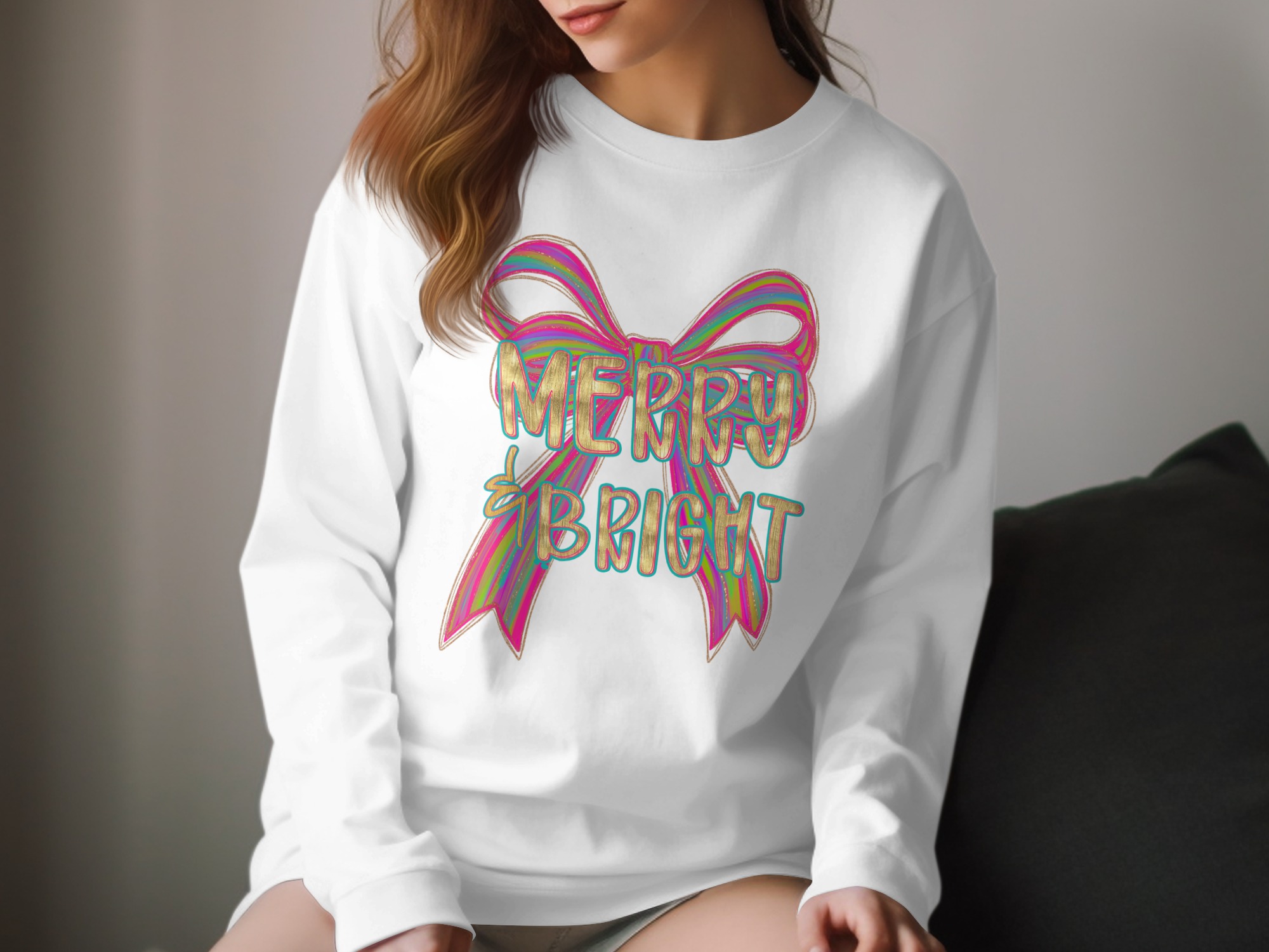 Merry and Bright T-Shirt, Holiday T-Shirt, Christmas T-Shirt, Festive Bow T-Shirt, Gold and Colorful T-Shirt, Holiday Gift