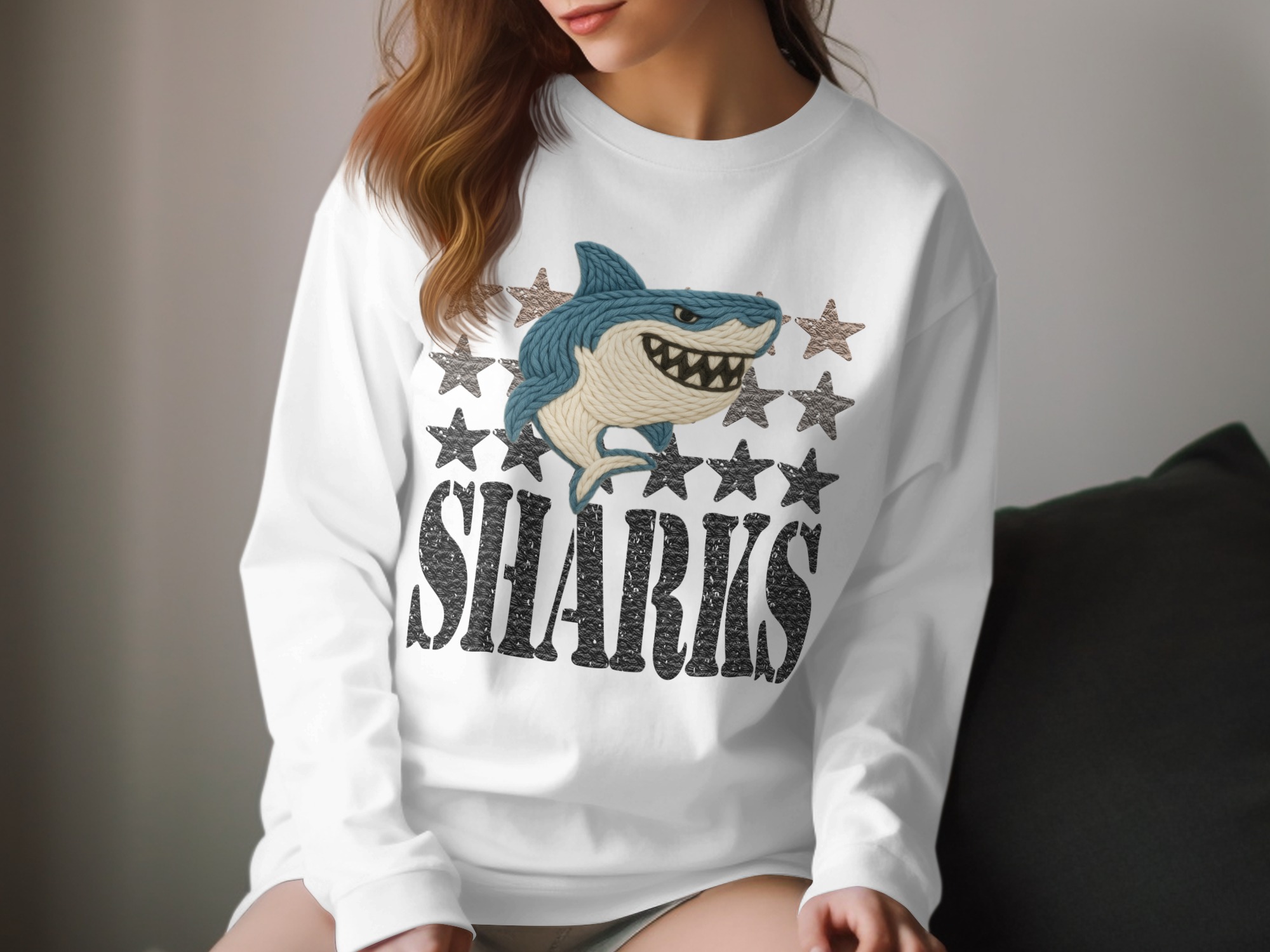 Sharks T-Shirt, Knitted Shark, Stars Tee, Cool Shark Design, Unique T Shirt, Sharks Fan Gift, Ocean Lover Tee, Summer T Shirt, Trendy Tee