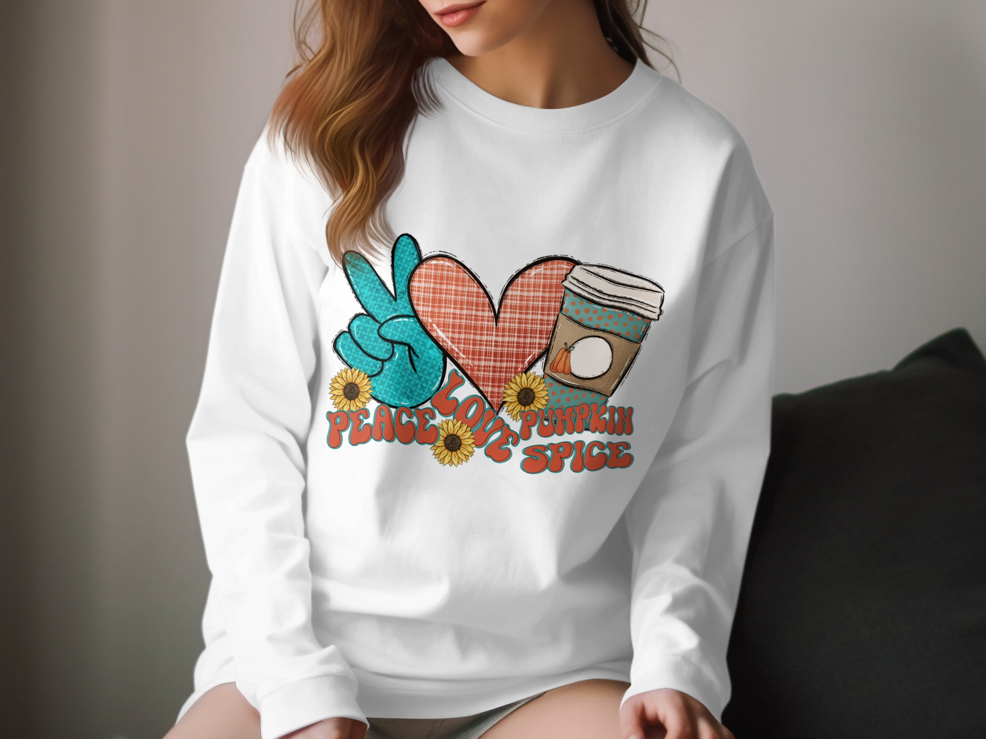 Peace Love Pumpkin Spice, Fall Long Sleeve T-Shirt, Autumn Long Sleeve Shirt, Coffee, Sunflowers, Trendy Shirt, Thanksgiving Outfit