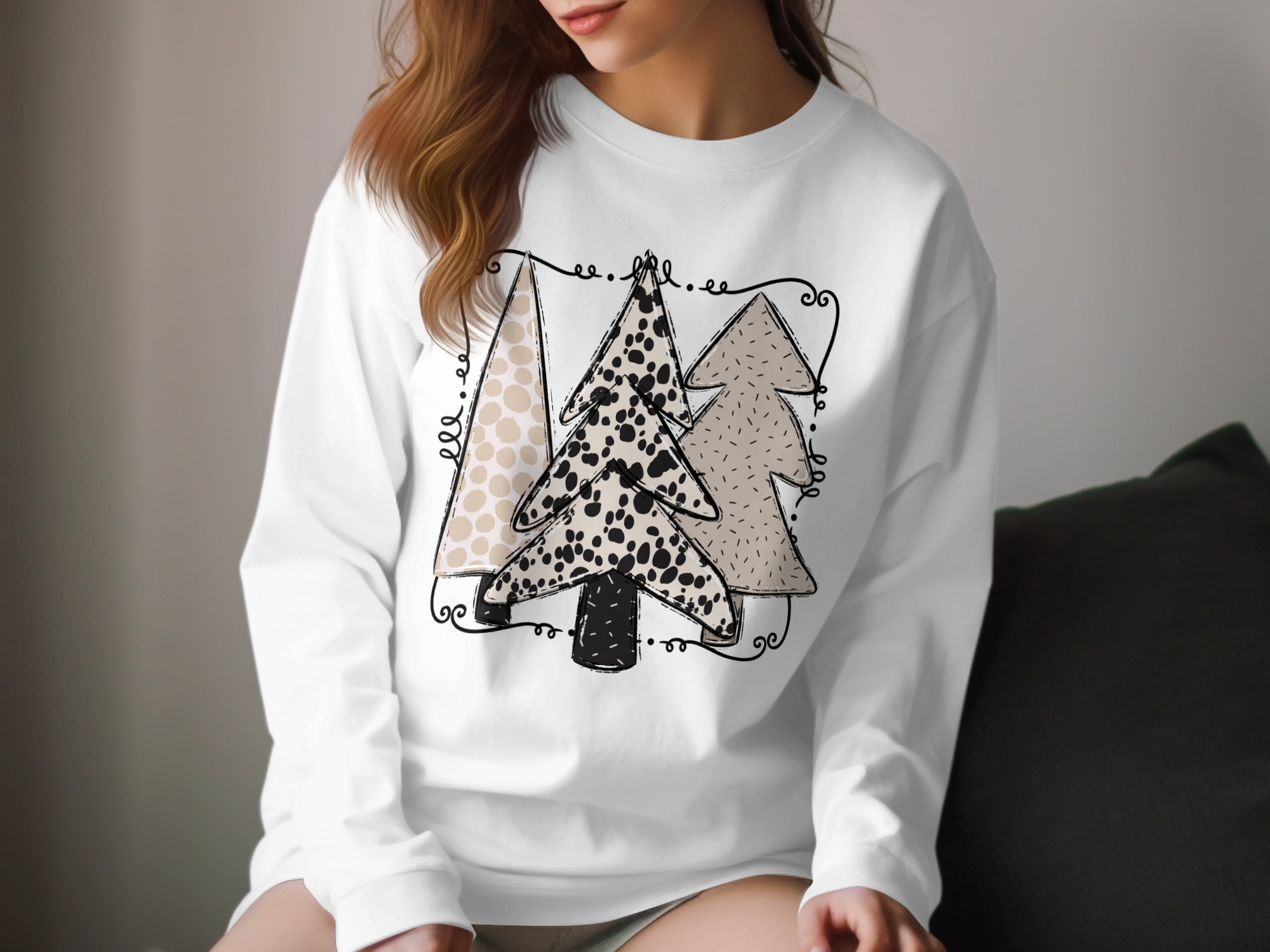 Boho Christmas Trees Long Sleeve T-Shirt, Bohemian Holiday Shirt, Beige Winter Scene Long Sleeve Tee, Abstract Christmas Outfit