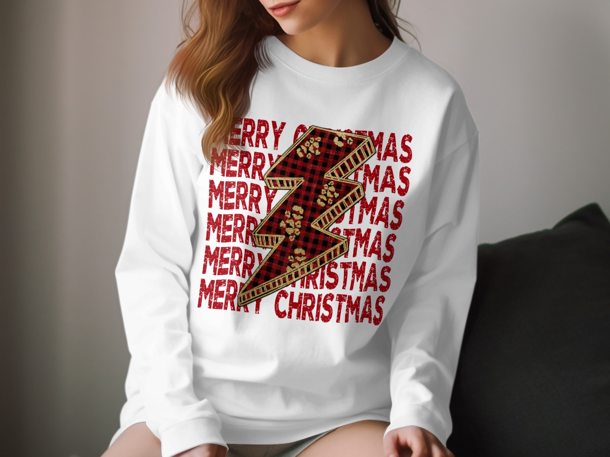 Christmas Long Sleeve T-Shirt, Buffalo Plaid Leopard Print Bolt, Christmas Tee, Holiday Long Sleeve Shirt, Gift for Christmas