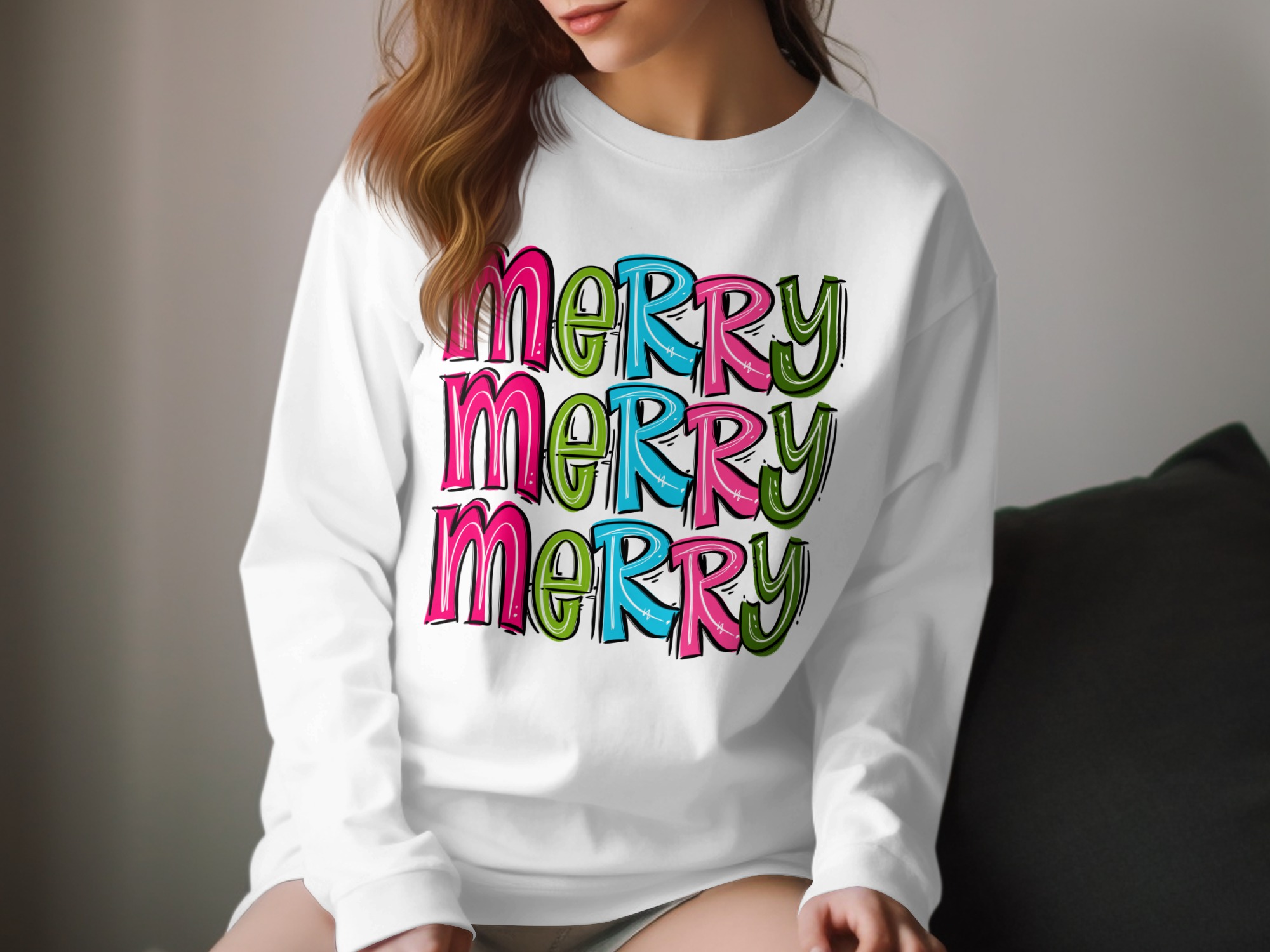 Merry Long Sleeve T Shirt, Colorful Holiday Shirt, Festive Long Sleeve Tee, Happy Christmas Shirt, Winter Season Shirt, Gift Idea