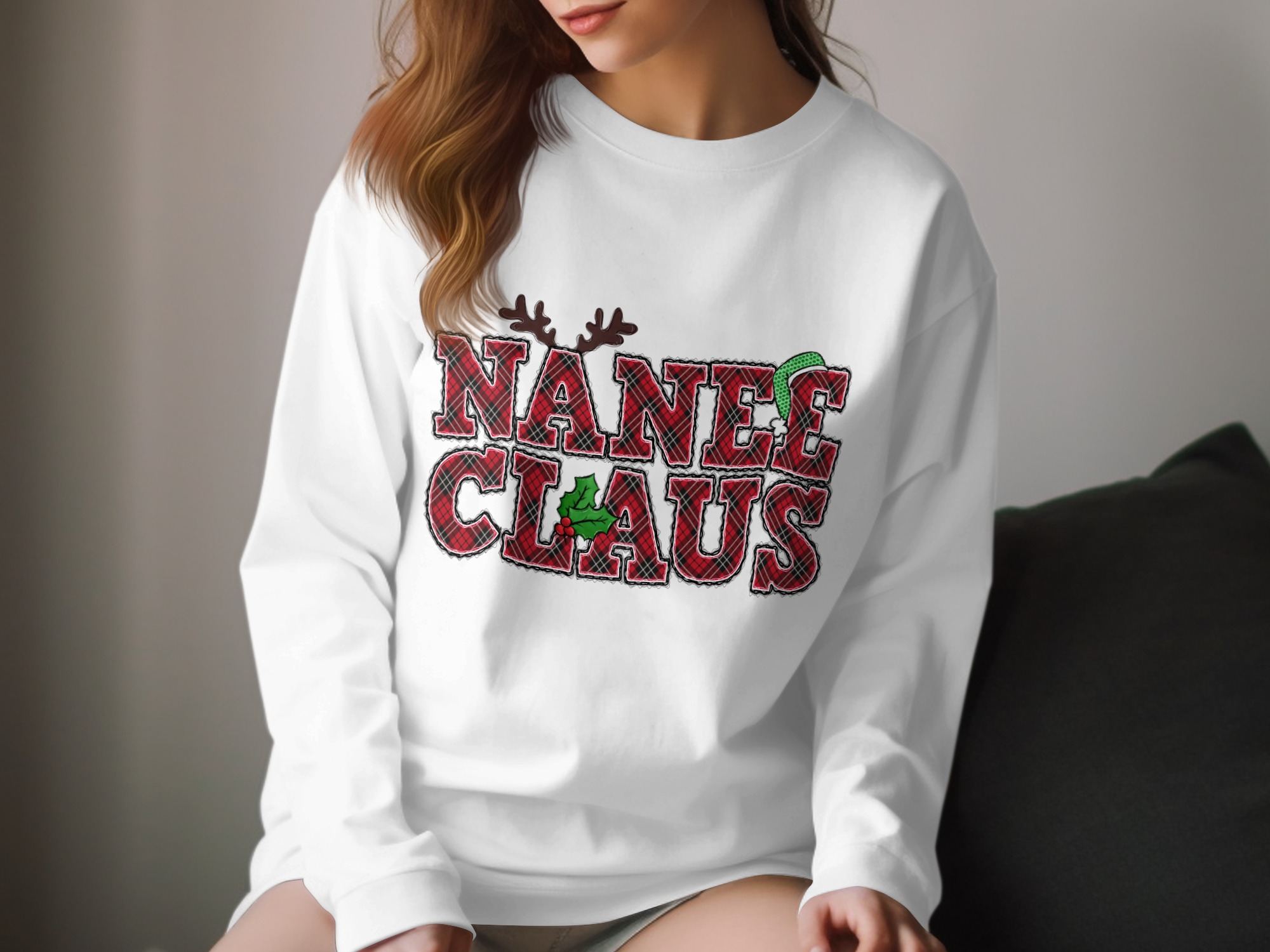 Nanee Claus Long Sleeve T-Shirt, Christmas Family Matching, Holiday Tee, Plaid, Reindeer Antlers, Santa Hat, Funny Xmas Shirt