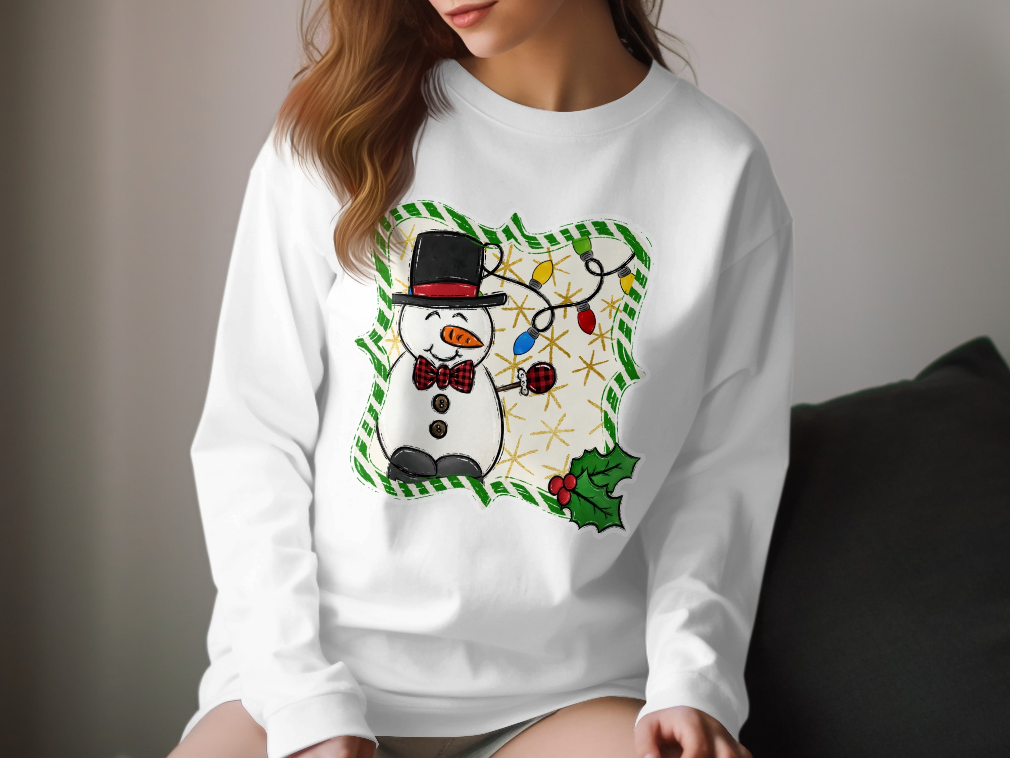 Festive Snowman Long Sleeve T-Shirt, Christmas Lights Holiday Tee, Winter Season Top, Cute Snowman Graphic Shirt