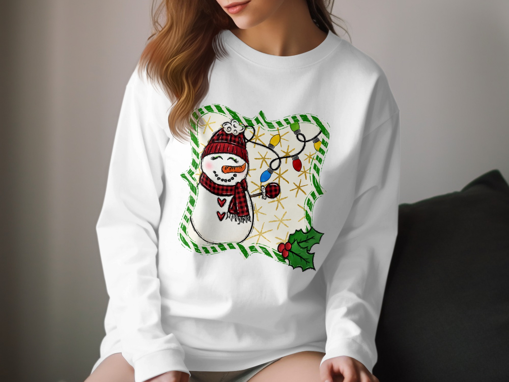 Cute Snowman Long Sleeve T-Shirt, Holiday Season Top, Christmas Lights Design, Winter Apparel, Festive Long Sleeve Shirt, Xmas Gift Idea