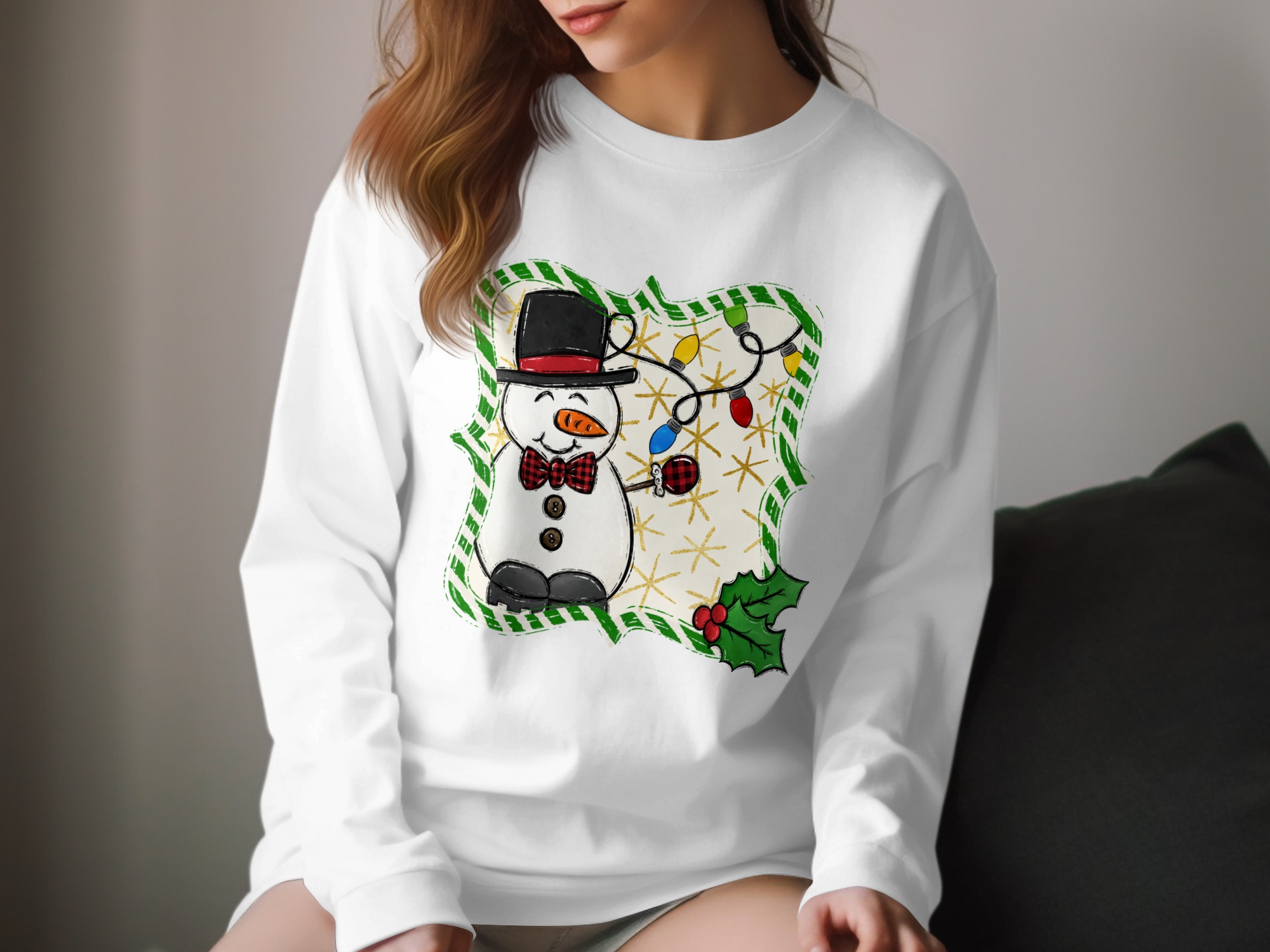 Festive Snowman Long Sleeve T-Shirt, Holiday Lights Tee, Christmas Apparel, Winter Outfit, Cute Snowman Design