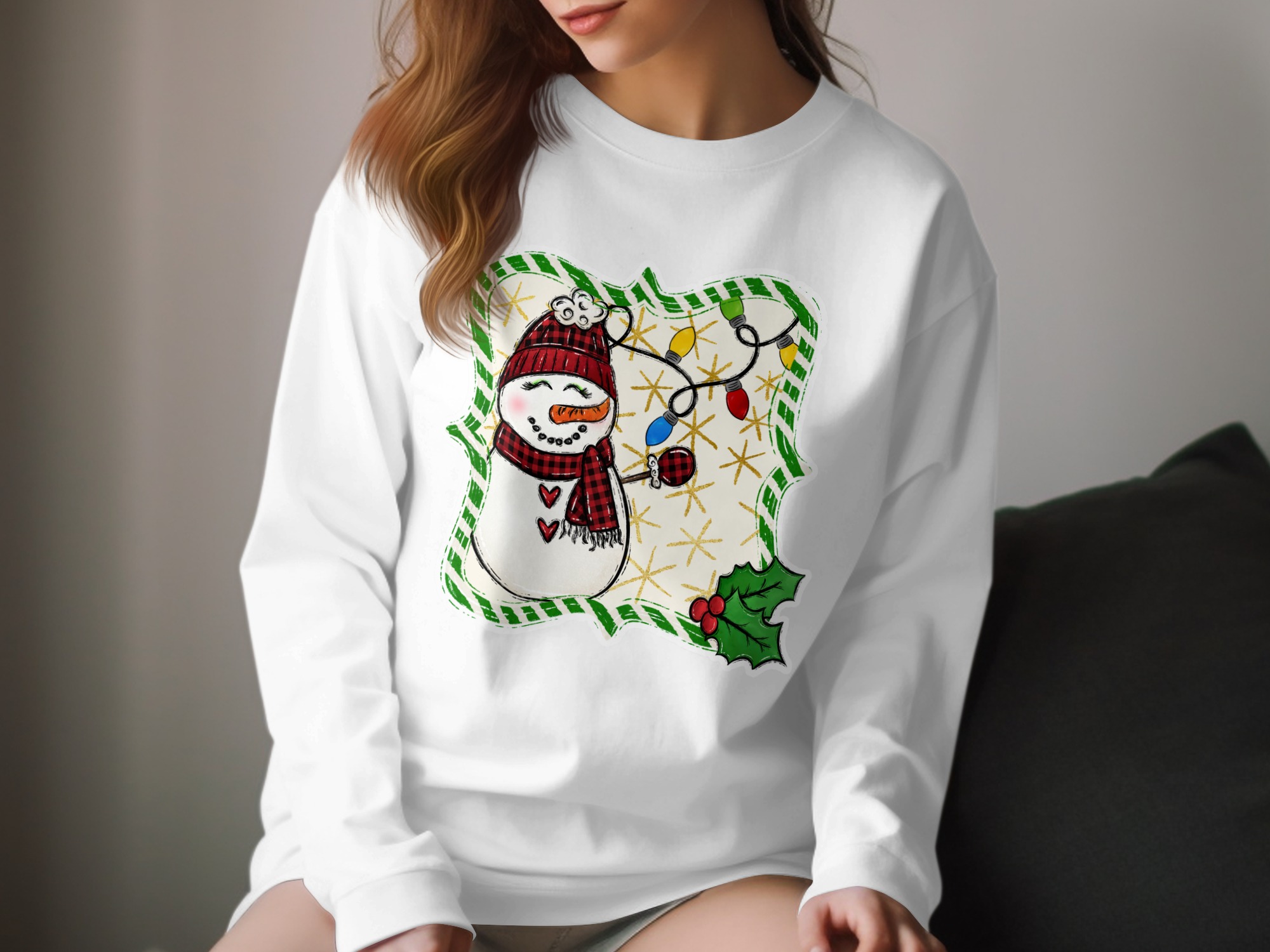 Cute Snowman Long Sleeve T-Shirt, Christmas Lights Shirt, Winter Holiday Top, Festive Apparel, Holiday Gift Idea