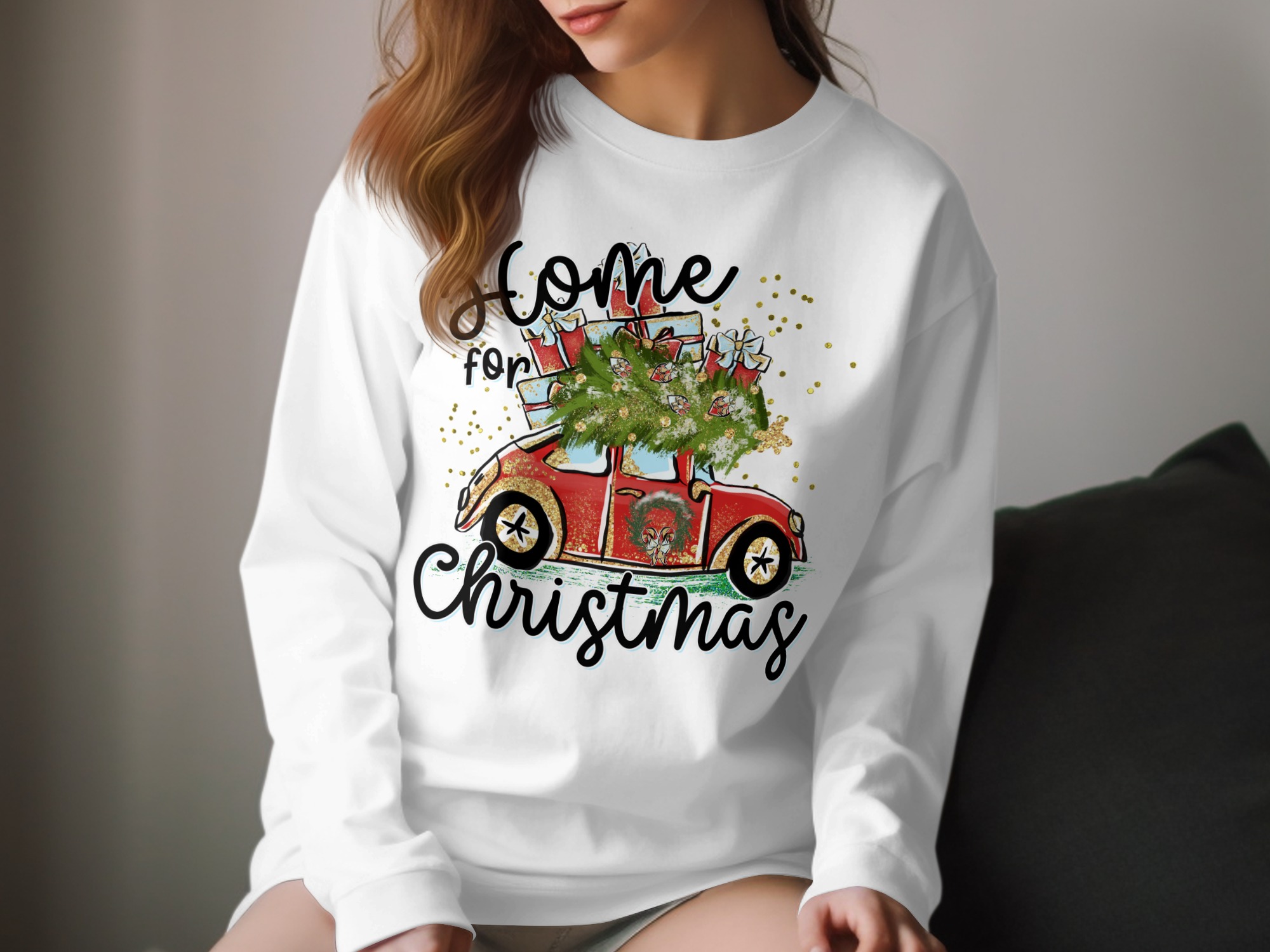 Home for Christmas Long Sleeve T-Shirt, Holiday Car with Tree, Christmas Gifts, Festive Holiday Apparel, Christmas Long Sleeve Tee
