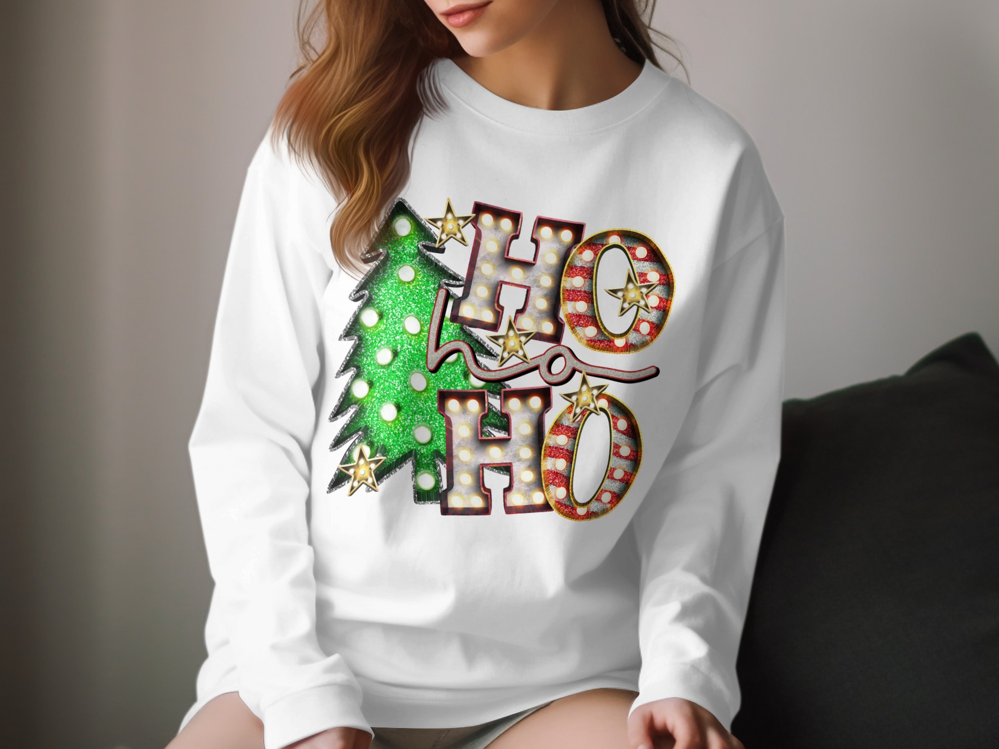 Ho Ho Ho Long Sleeve T-Shirt, Christmas Tee, Holiday Spirit, Festive Shirt, Light Up Letters, Xmas Tree Shirt, Starry Design