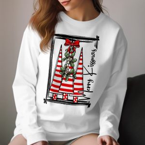 Merry Christmas Trees Long Sleeve T-Shirt, Holiday Season Tee, Red White Striped Trees, Bow Mistletoe, Festive Apparel, Winter Shirt