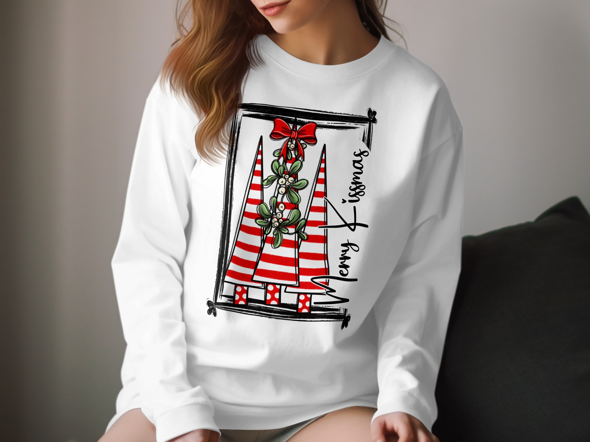 Merry Christmas Trees Long Sleeve T-Shirt, Holiday Season Tee, Red White Striped Trees, Bow Mistletoe, Festive Apparel, Winter Shirt
