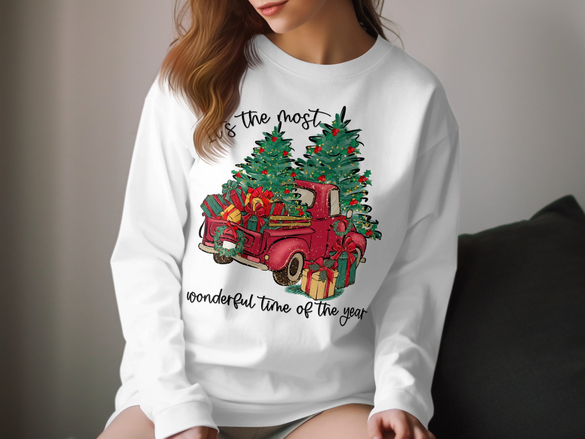 Christmas Truck Long Sleeve T-Shirt, Holiday Presents Tee, Wonderful Time of the Year Shirt, Xmas Tree Truck Long Sleeve Tee