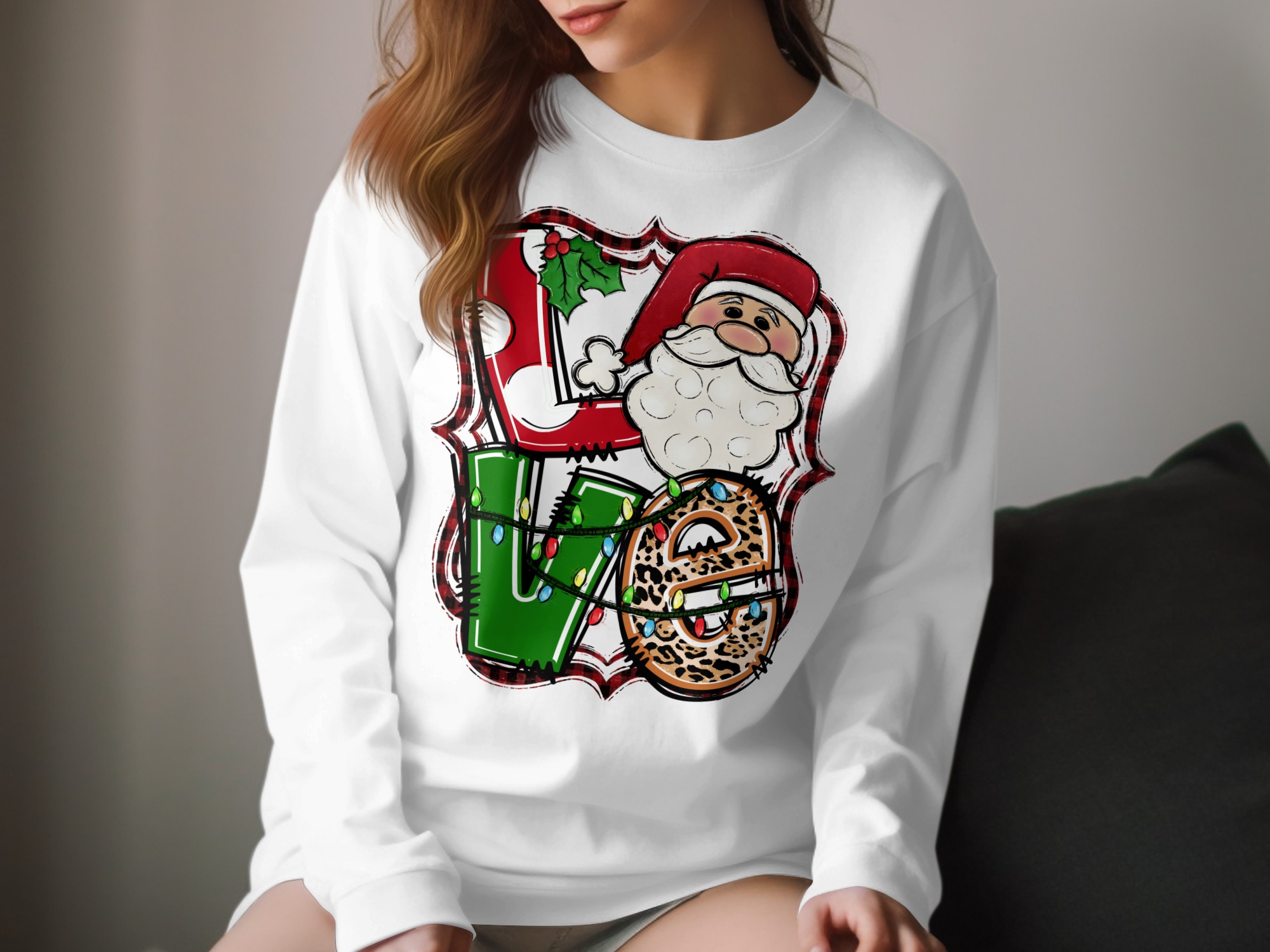 Santa Love Long Sleeve T-Shirt, Leopard Christmas Shirt, Buffalo Plaid Holiday Tee, Cute Xmas Gift Shirt, Seasonal Long Sleeve Top