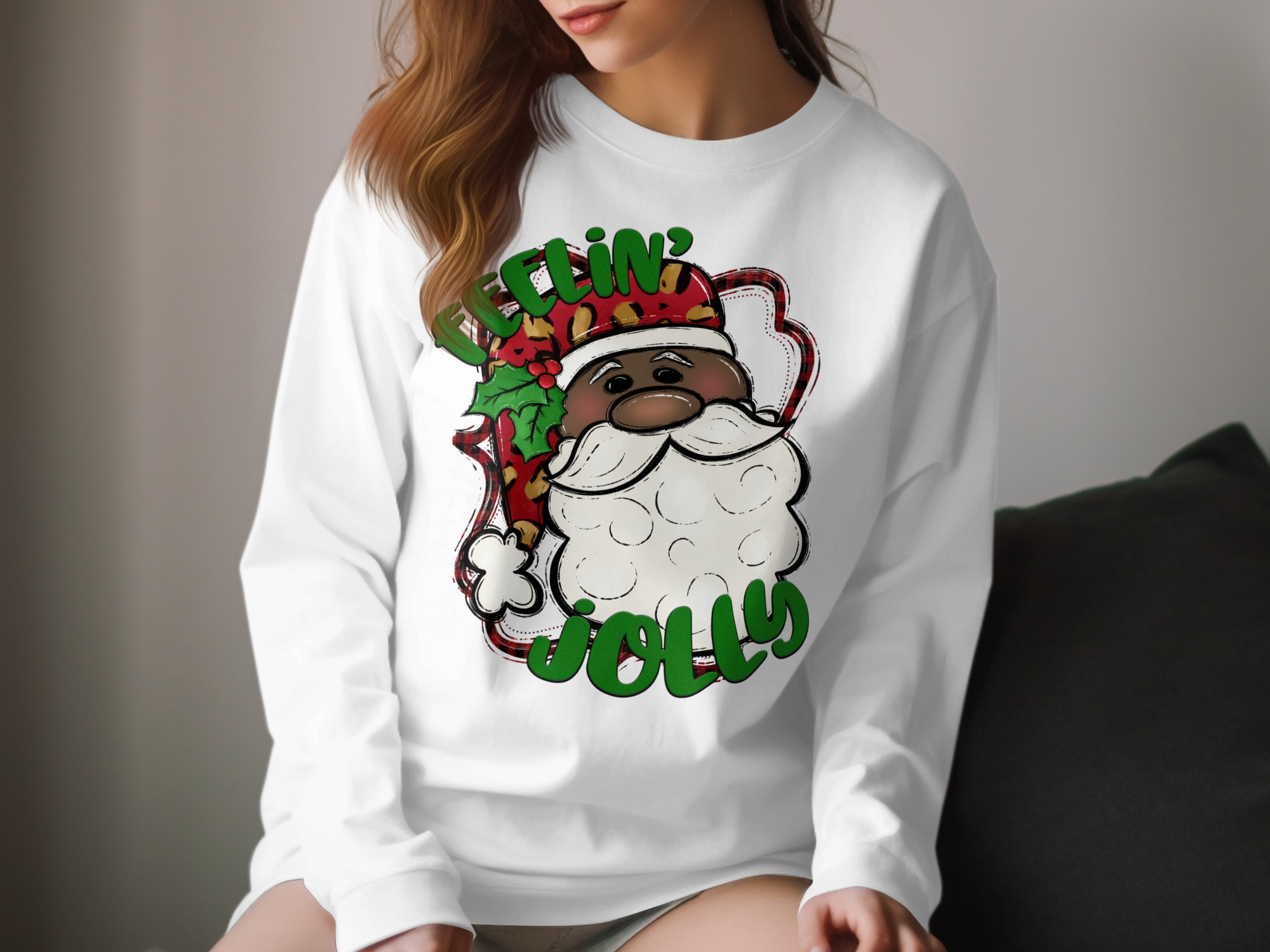 Feelin' Jolly Santa Long Sleeve T-Shirt, African American Santa, Leopard Print Hat, Holiday Shirt, Christmas Gift Idea, Festive Apparel