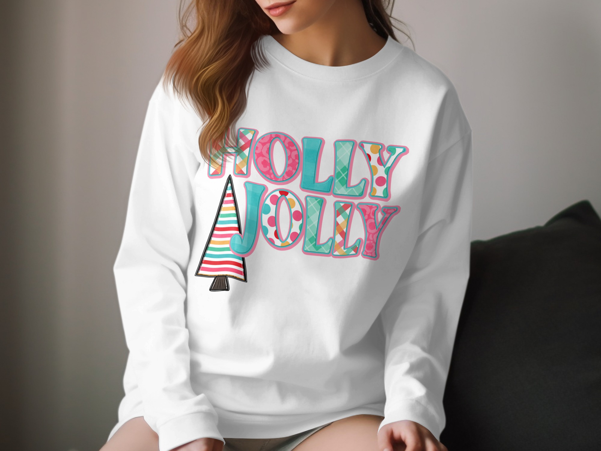Holly Jolly Long Sleeve T-Shirt, Colorful Christmas Tee, Holiday Season Top, Festive Winter Apparel, Cute Tree Design, Gift Idea