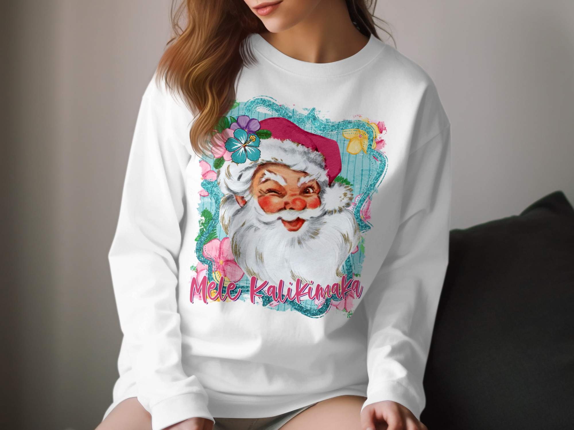 Mele Kalikimaka Long Sleeve T-Shirt, Hawaiian Santa Shirt, Tropical Christmas Gift, Winking Santa Tee, Holiday Long Sleeve Tee