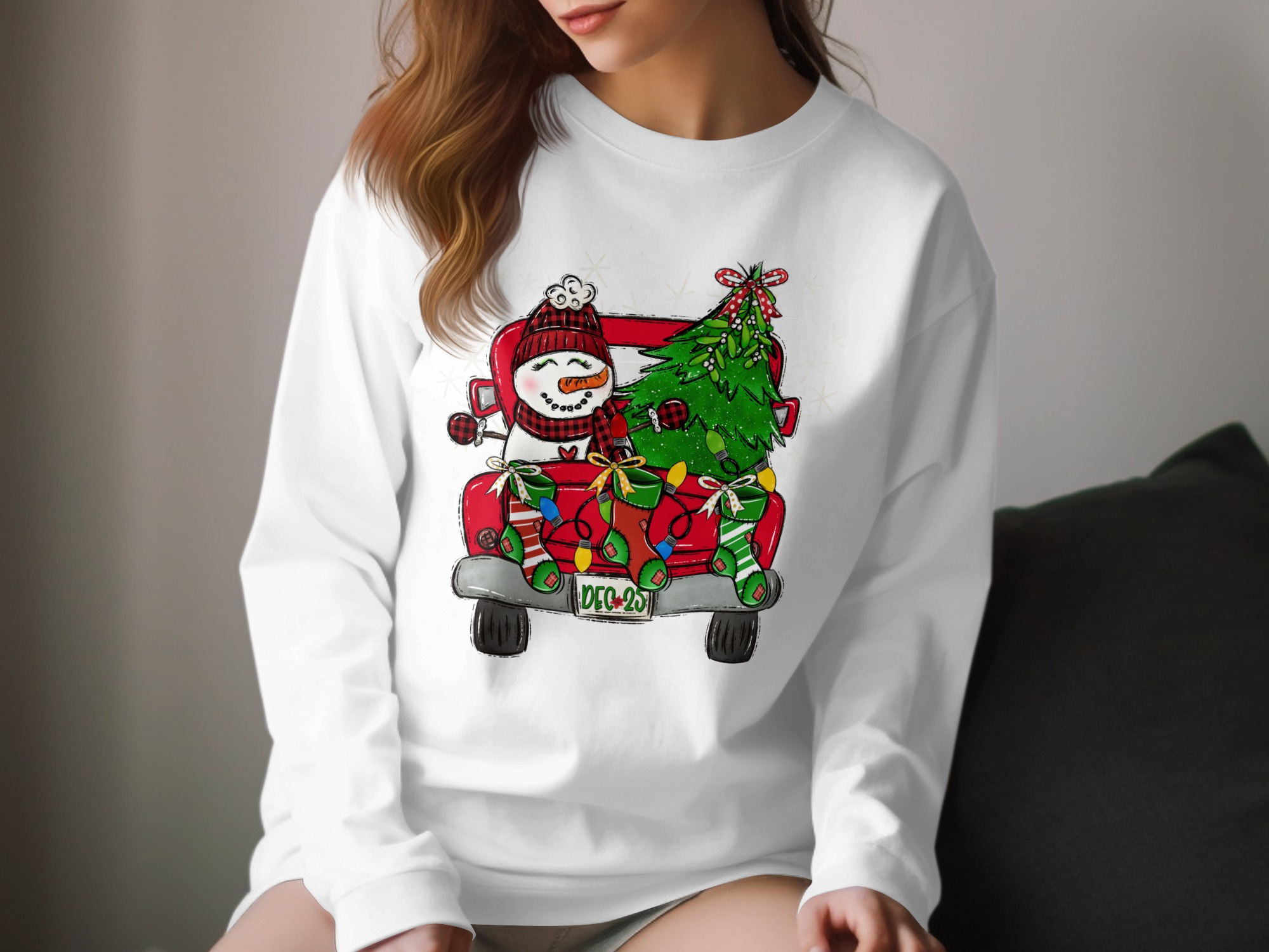 Cute Christmas Truck Long Sleeve T-Shirt, Snowman Tee, Holiday Season Apparel, December 25th Shirt, Festive Winter Clothes