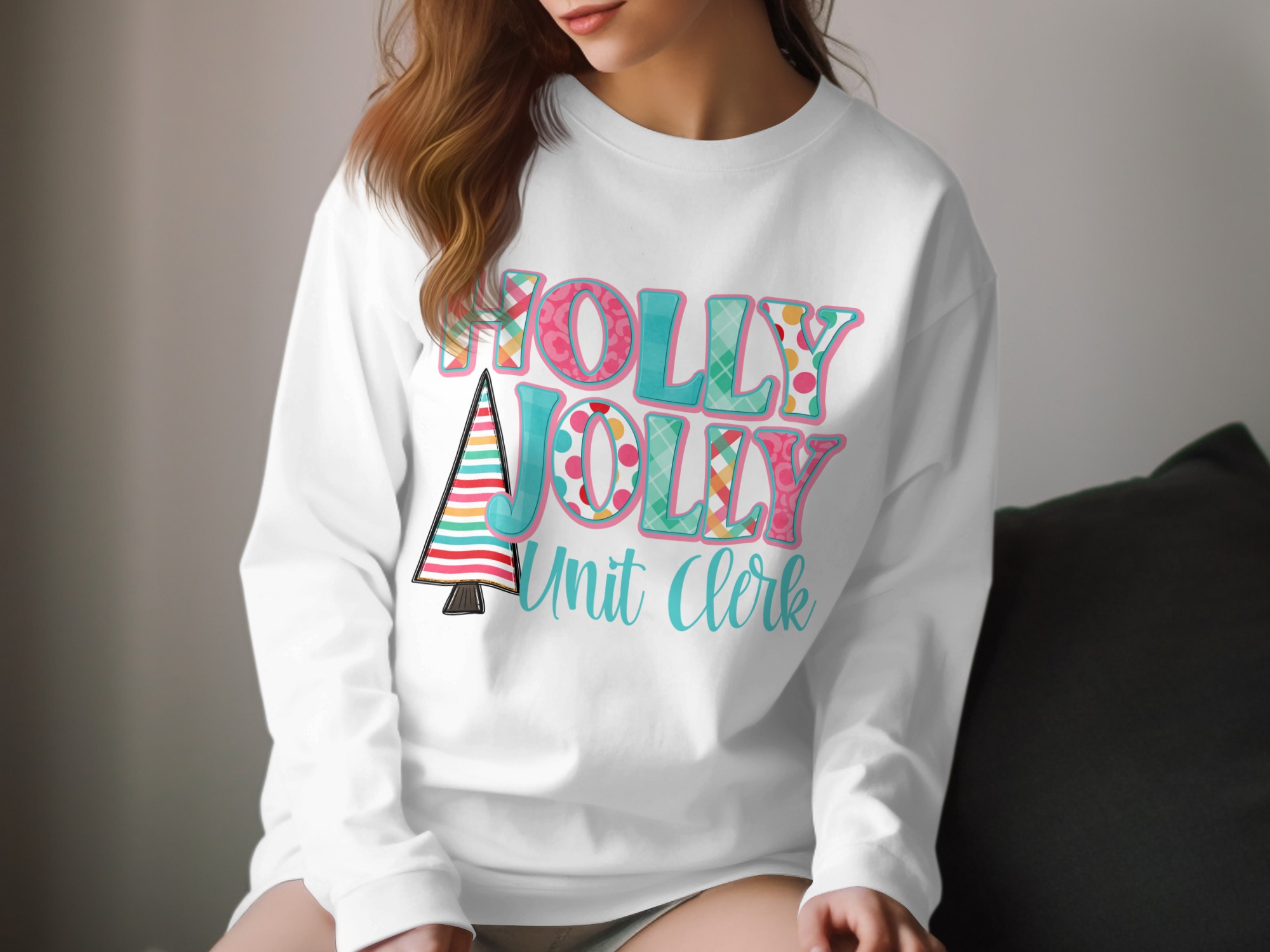 Holly Jolly Unit Clerk Long Sleeve T-Shirt, Christmas Tree Tee, Holiday Season Apparel, Gift for Unit Clerk, Festive Christmas Shirt