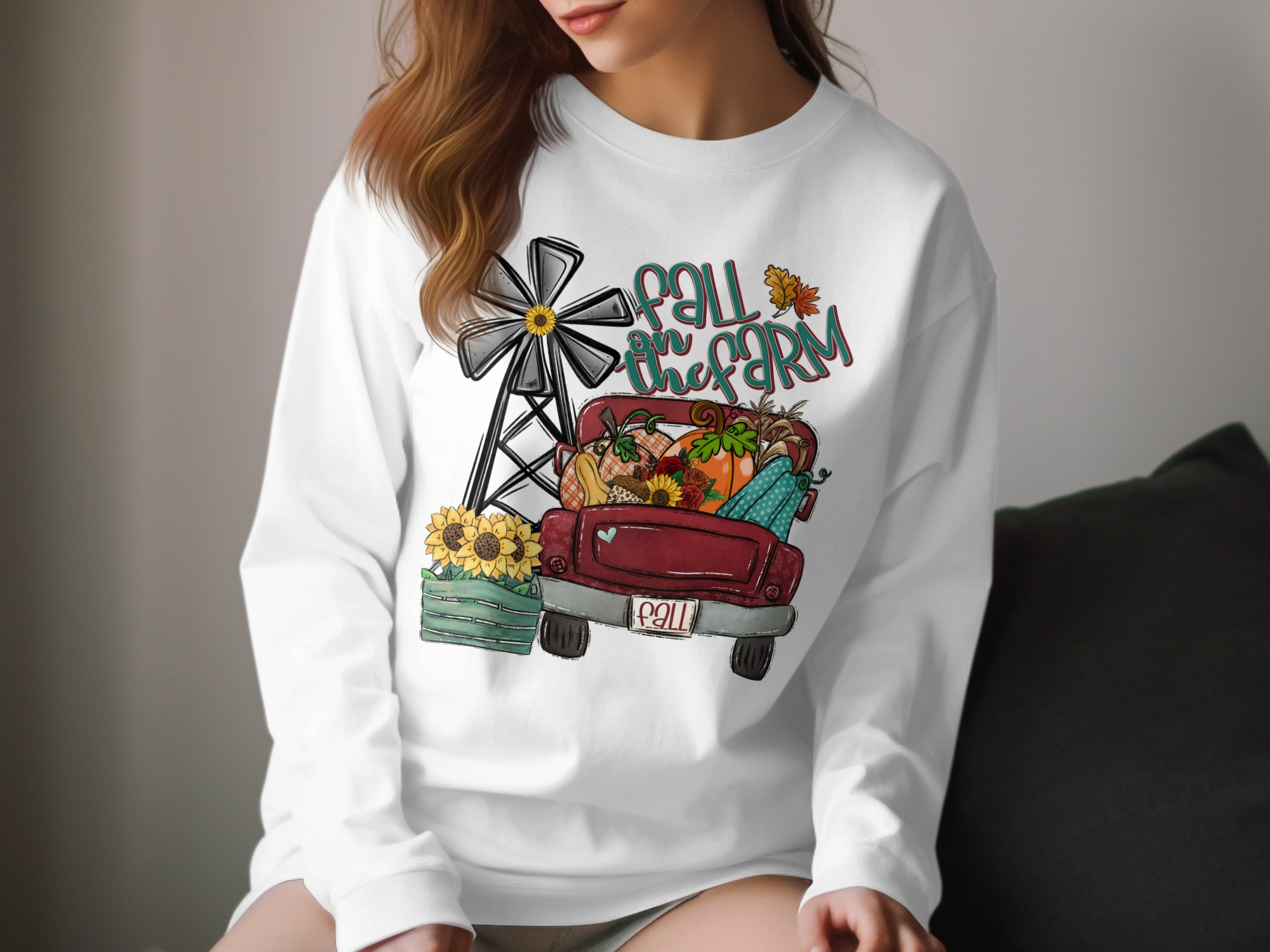 Fall On The Farm Long Sleeve T-Shirt, Autumn Truck, Pumpkins, Windmill Tee, Thanksgiving Shirt, Farmhouse Shirt, Fall Shirt