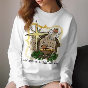 Christian Nativity Long Sleeve T-Shirt, Leopard Print Manger, Christmas Angel Shirt, Religious Gift, Unto Us A Child Is Born, Xmas Shirt