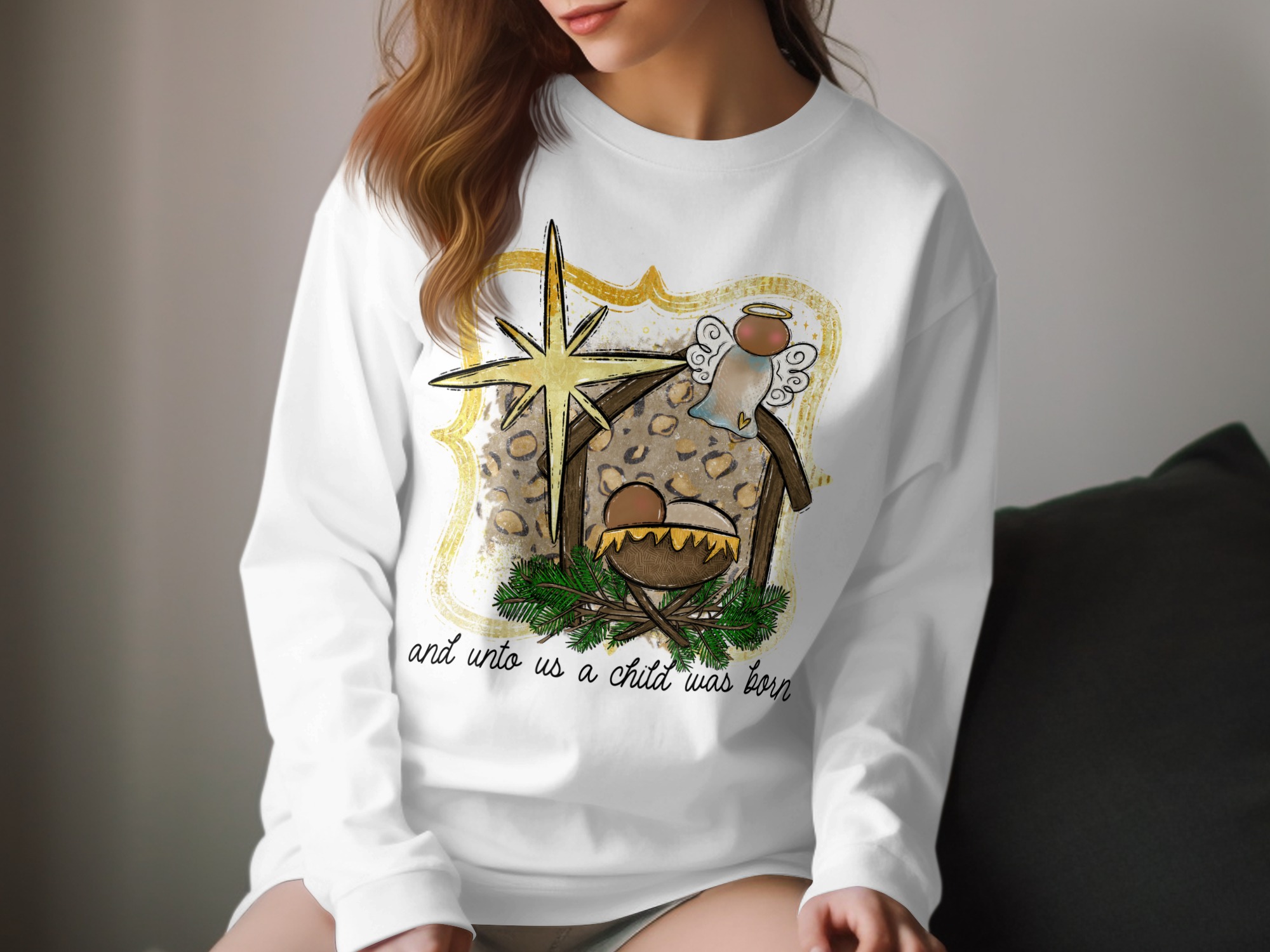 Christian Nativity Long Sleeve T-Shirt, Leopard Print Manger, Christmas Angel Shirt, Religious Gift, Unto Us A Child Is Born, Xmas Shirt