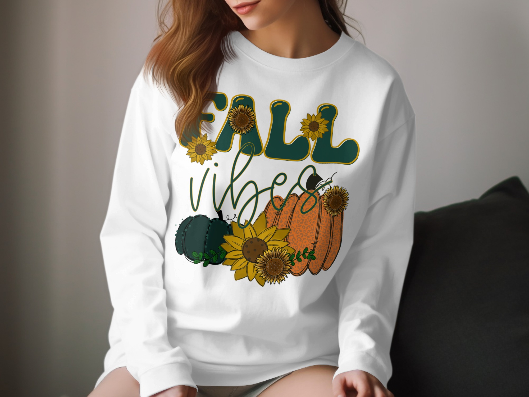 Fall Vibes Long Sleeve T-Shirt, Pumpkin and Sunflower Tee, Autumn Apparel, Seasonal Fashion, Trendy Graphic Top, Thanksgiving Shirt