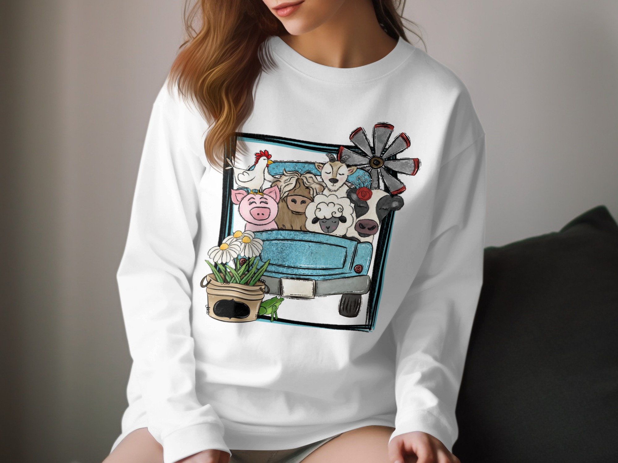 Farm Animals Truck Long Sleeve T-Shirt, Cute Farmhouse Shirt, Country Living Tee, Animal Lover Gift, Farm Truck Shirt, Unique Design