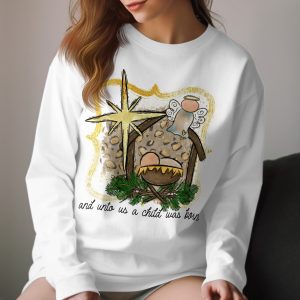 Christmas Nativity Long Sleeve T-Shirt, Leopard Print Nativity Scene Shirt, And Unto Us A Child Was Born Tee, Holiday Apparel
