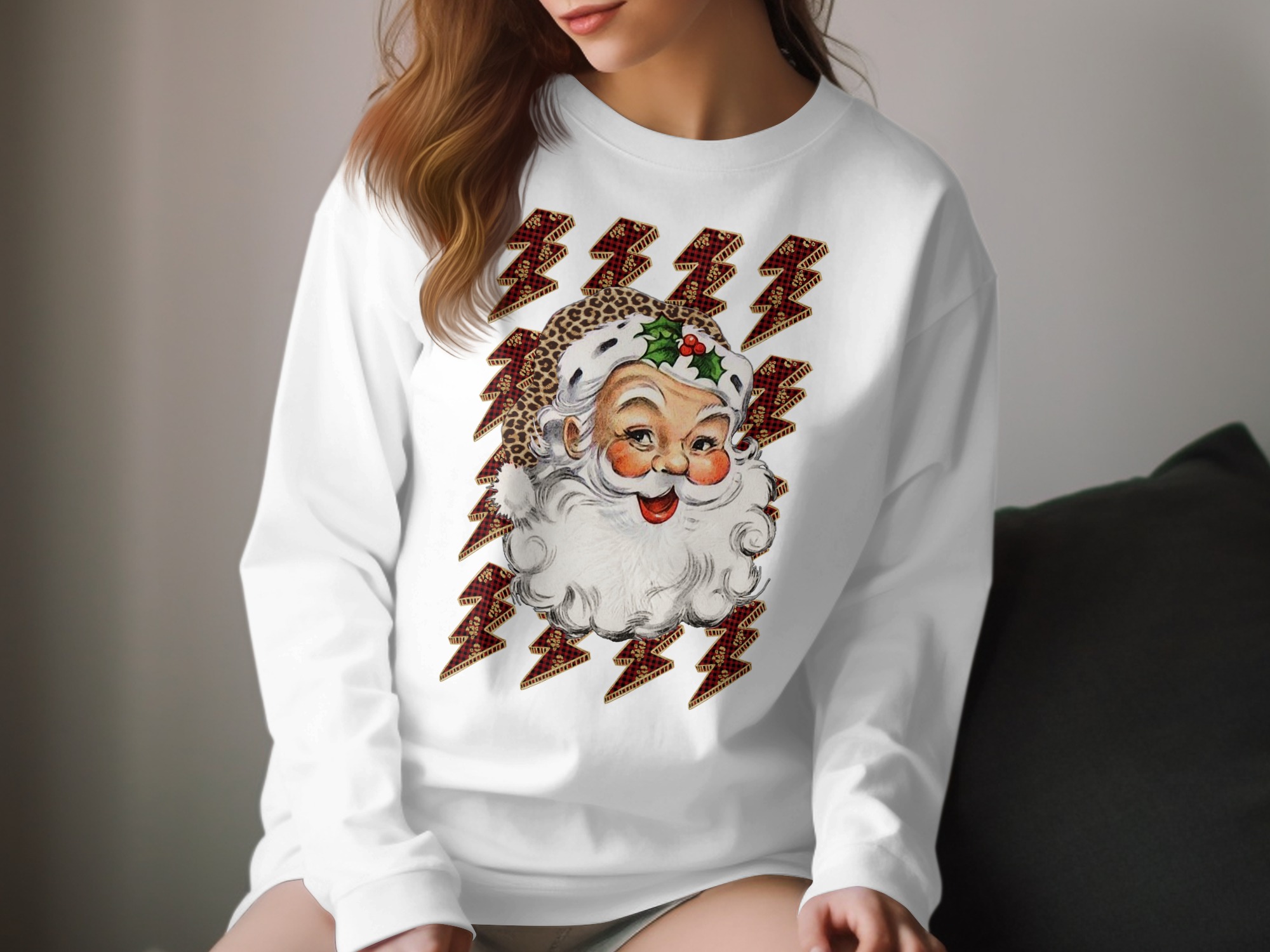 Leopard Santa Long Sleeve T-Shirt, Christmas Lightning Bolt Tee, Unique Santa Design, Holiday Apparel, Trendy Long Sleeve Shirt