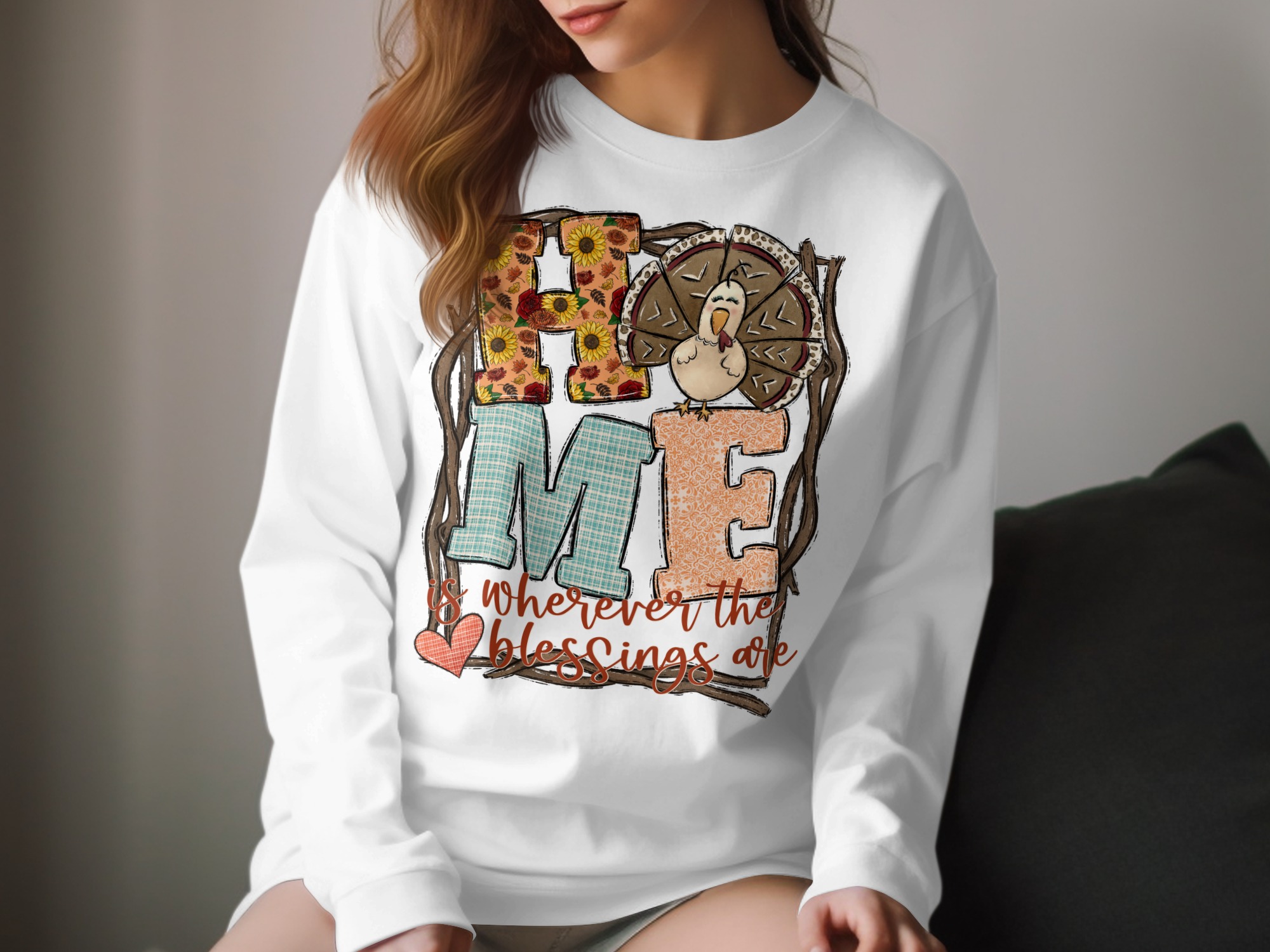 Home Blessings Turkey Long Sleeve T-Shirt, Thanksgiving Shirt, Fall Apparel, Autumn Clothing, Family Gift, Holiday Season, Trendy Long