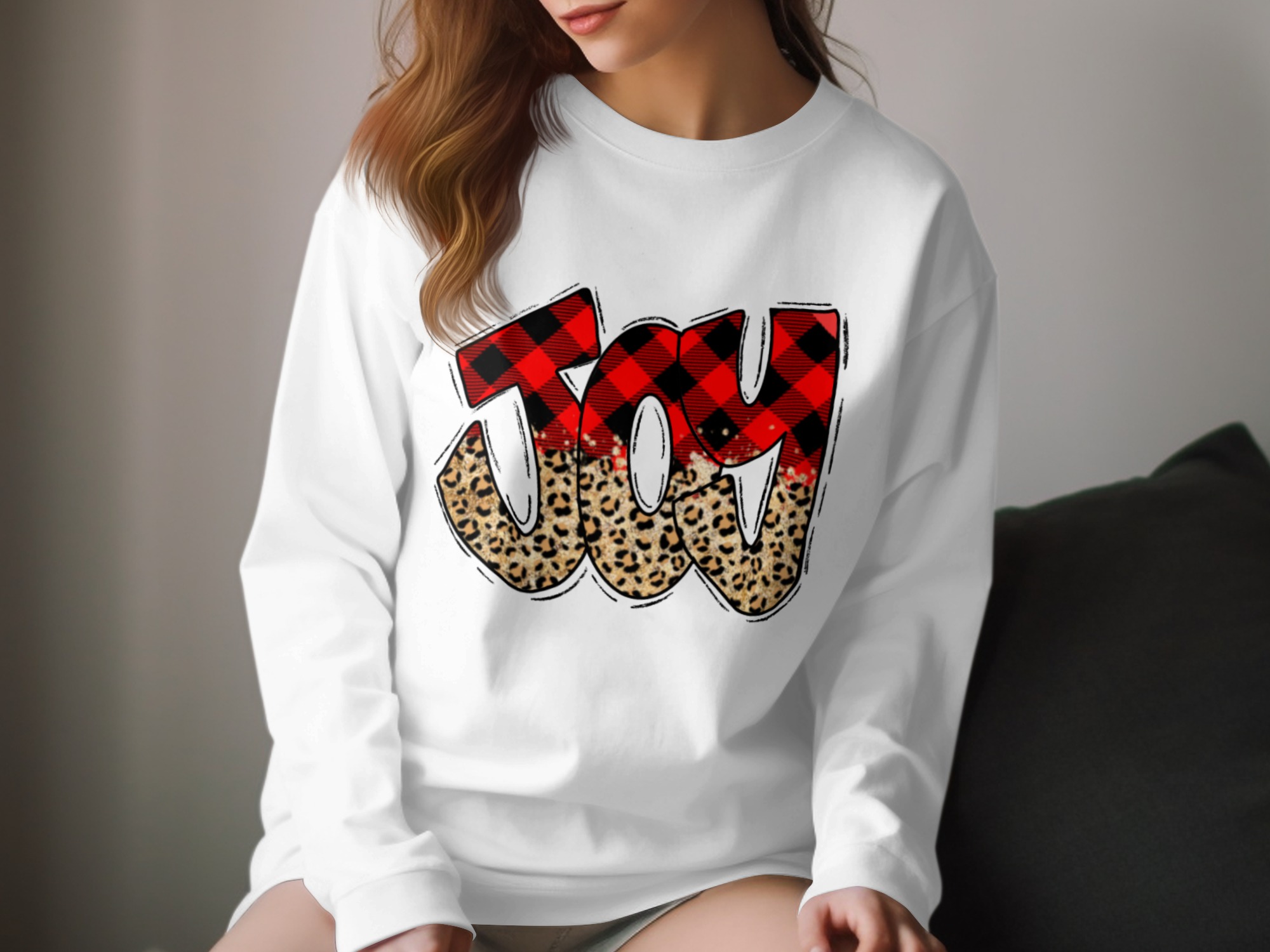 Joy Long Sleeve T-Shirt, Buffalo Plaid, Leopard Print, Festive Shirt, Holiday Long Sleeve Tee, Trendy Graphic Tee, Winter Shirt