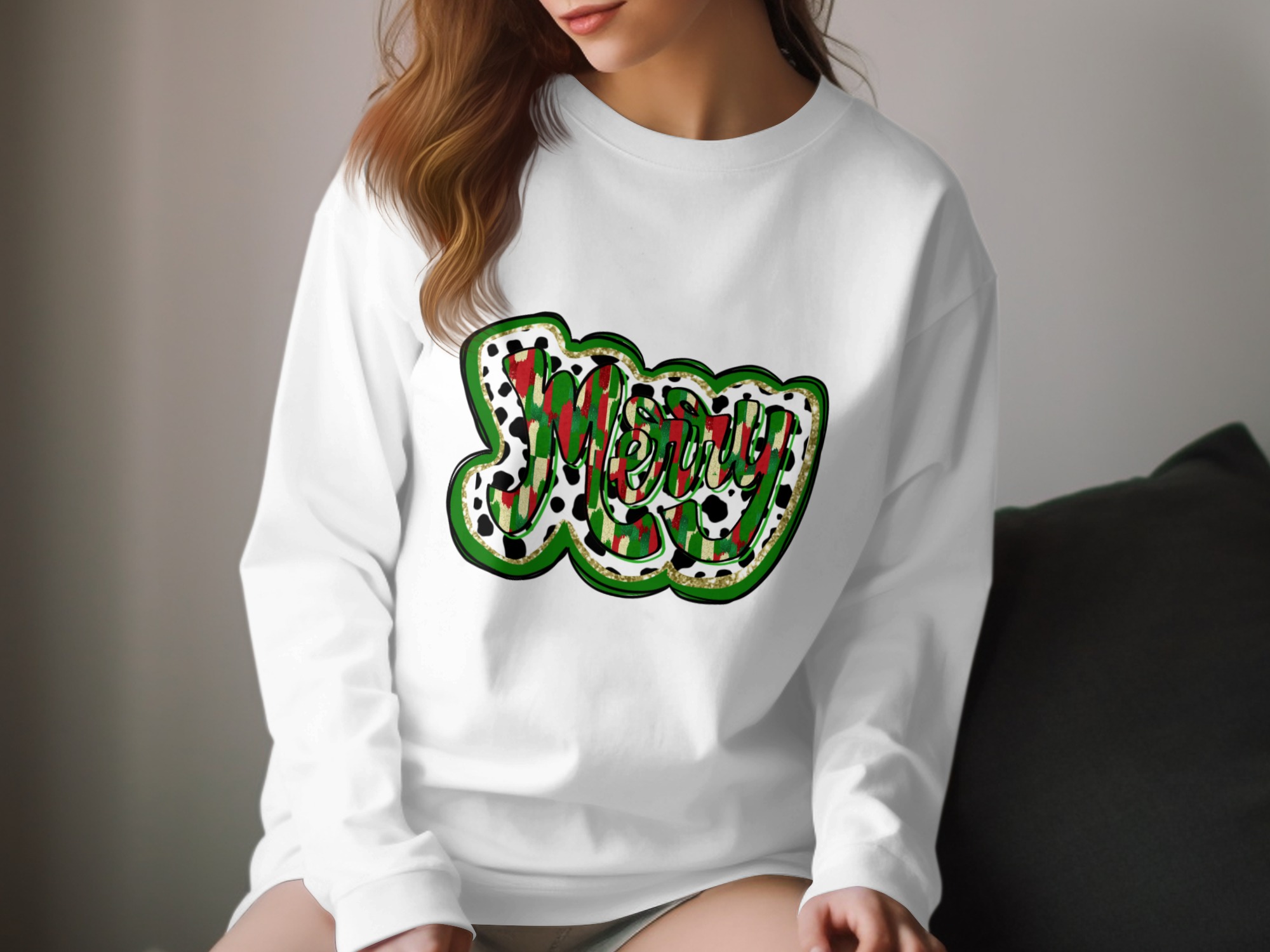 Merry Christmas Long Sleeve T-Shirt, Cow Print Shirt, Holiday Shirt, Festive Apparel, Christmas Gift, Winter Outfit, Unique Design