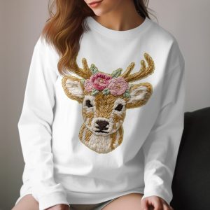 Floral Deer Long Sleeve T-Shirt, Cute Animal Tee, Flower Crown Shirt, Whimsical Style, Nature Lover Gift, Trendy Long Sleeve Tee