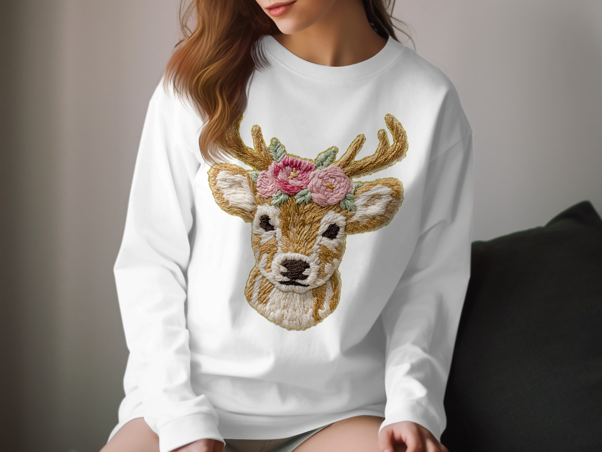 Floral Deer Long Sleeve T-Shirt, Cute Animal Tee, Flower Crown Shirt, Whimsical Style, Nature Lover Gift, Trendy Long Sleeve Tee