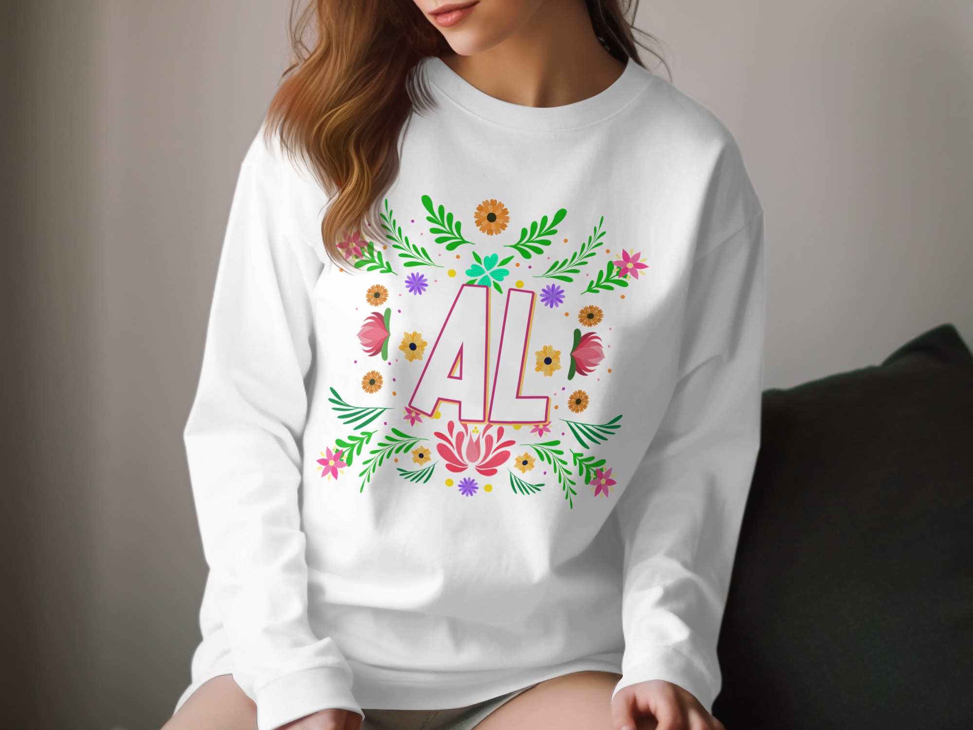 Floral AL Long Sleeve T-Shirt, Custom Initials Tee, Botanical Letter Art, Personalized Gift Shirt, Unique Floral Initial Shirt