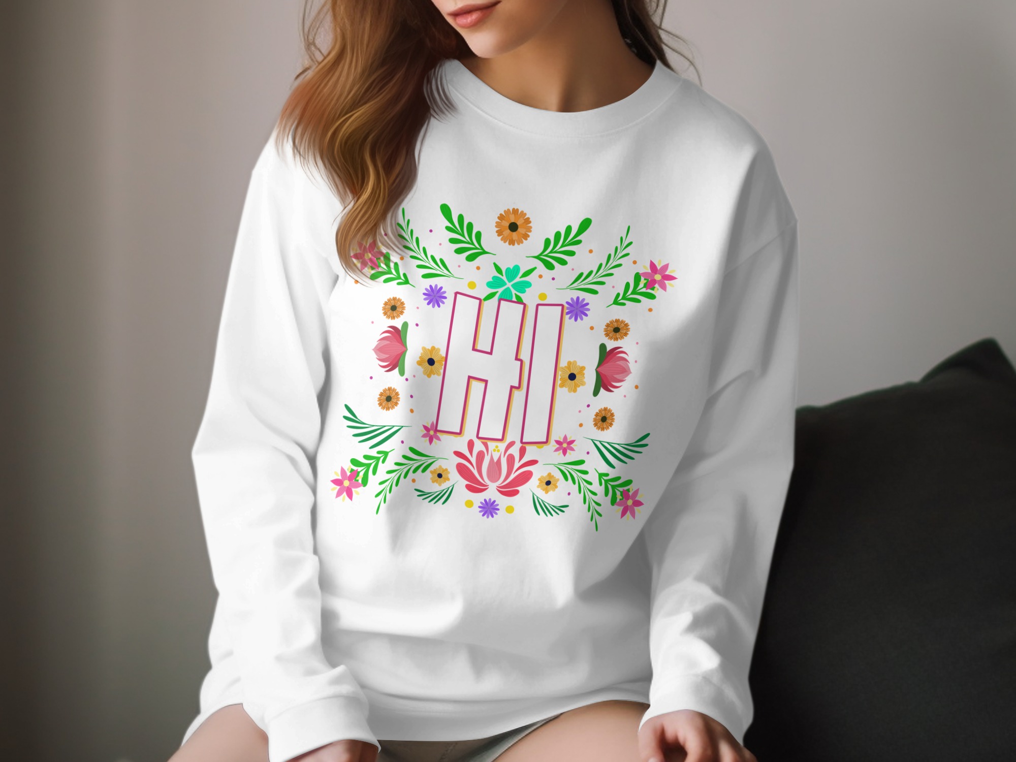 Hi Floral Long Sleeve T-Shirt, Cute Greeting Tee, Botanical Shirt, Flower Design, Trendy Top, Casual Outfit, Colorful Gift