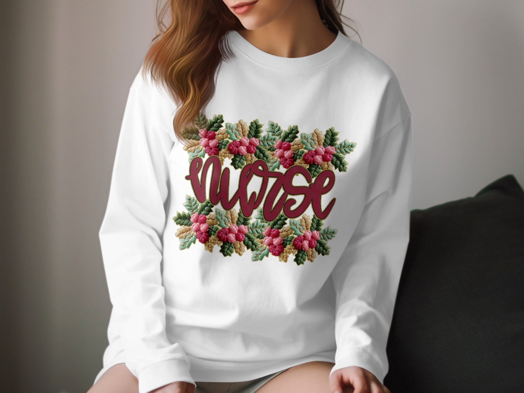 Floral Nurse Long Sleeve T-Shirt, Unique Design, Medical Apparel, Gift for Nurses, Flower Art, Embroidered Look, Healthcare Hero