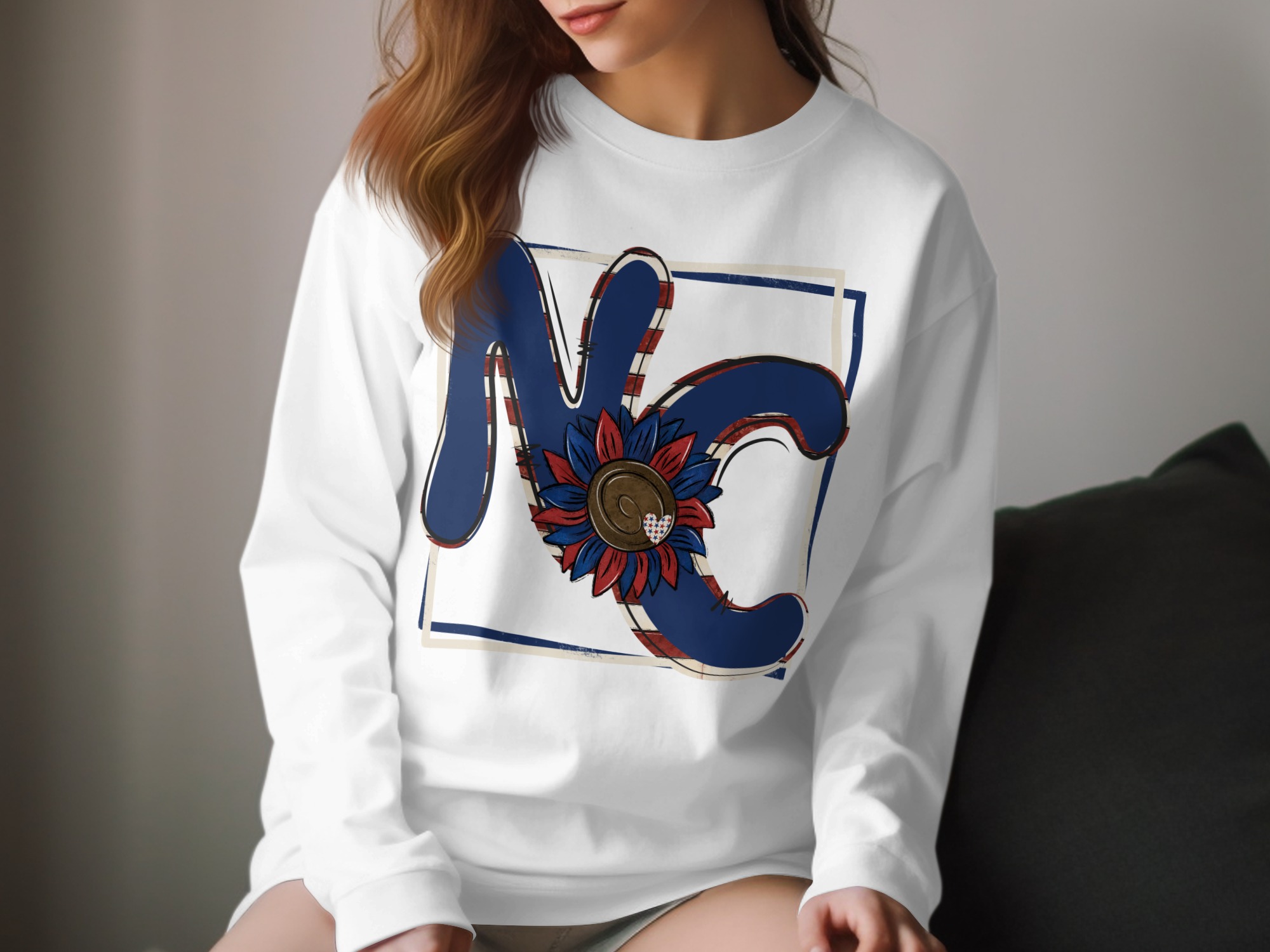 NC Patriotic Sunflower Long Sleeve T-Shirt, USA Pride, Americana Style, State Pride, Red White Blue Tee, Floral Design, Gift Idea