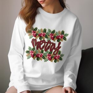 Merry Long Sleeve T-Shirt, Floral Christmas Shirt, Holiday Apparel, Festive Outfit, Winter Top, Gift for Her, Unique Design, Cozy Shirt