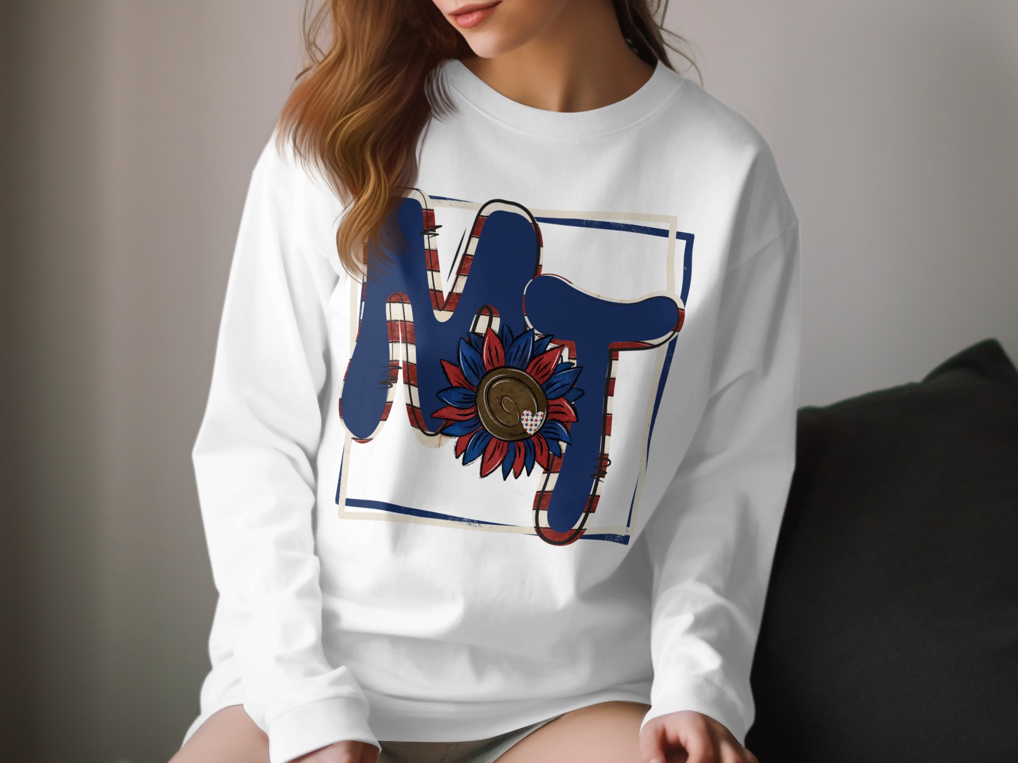 MT Sunflower Long Sleeve T-Shirt, Patriotic Tee, USA Pride, Floral American Flag Shirt, Initial Shirt, Letter T-Shirt, Graphic Tee