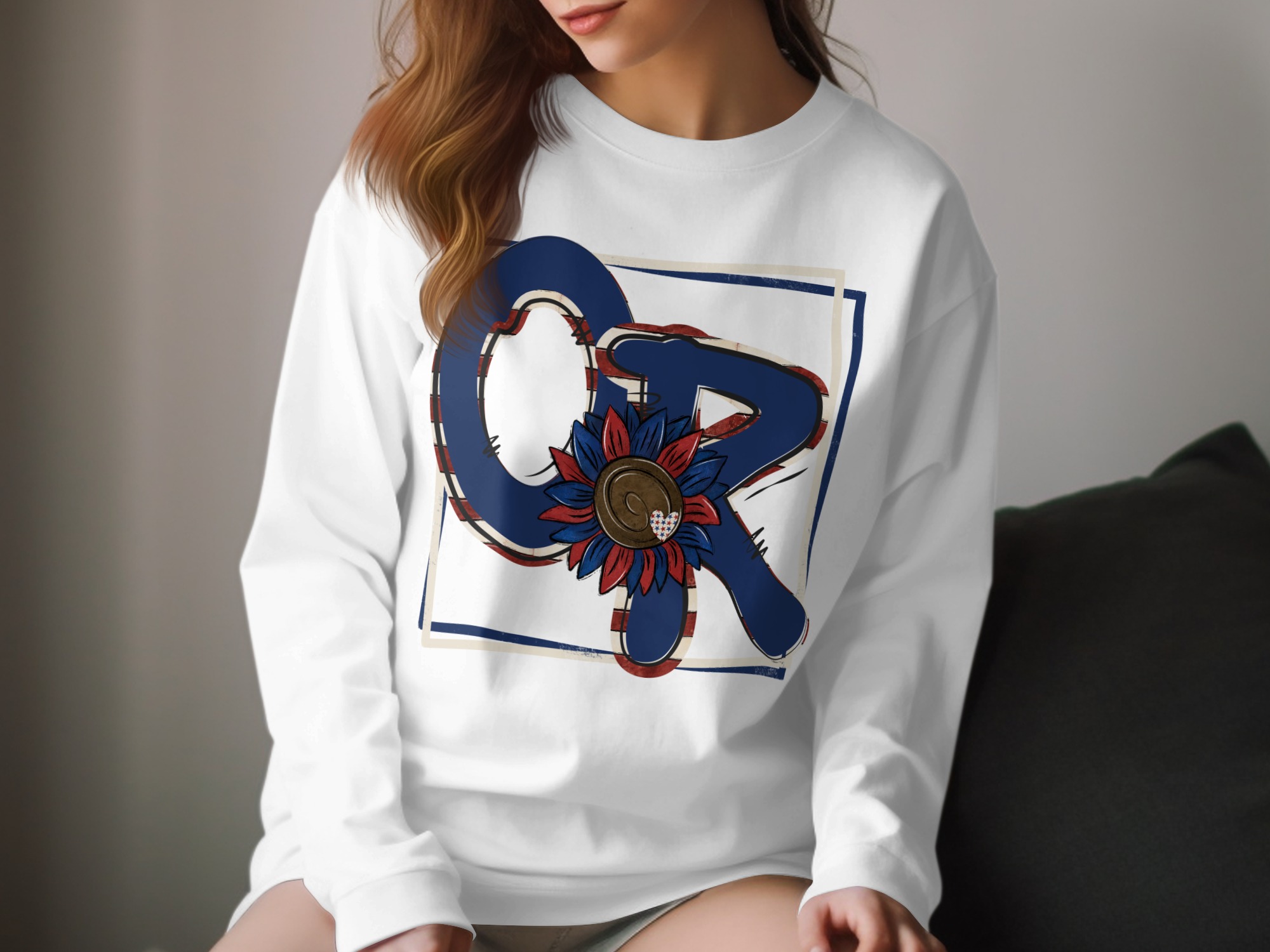 Patriotic Initial CR Long Sleeve T-Shirt, American Flower Graphic Tee, USA Pride Shirt, Personalized Name Shirt, Initial Shirt