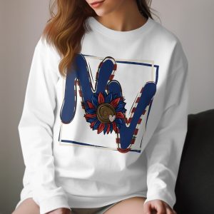 NV Patriotic Sunflower Long Sleeve T-Shirt, USA Pride Tee, American Flag Initial Shirt, Floral Letter Graphic Top, Trendy Fall Apparel