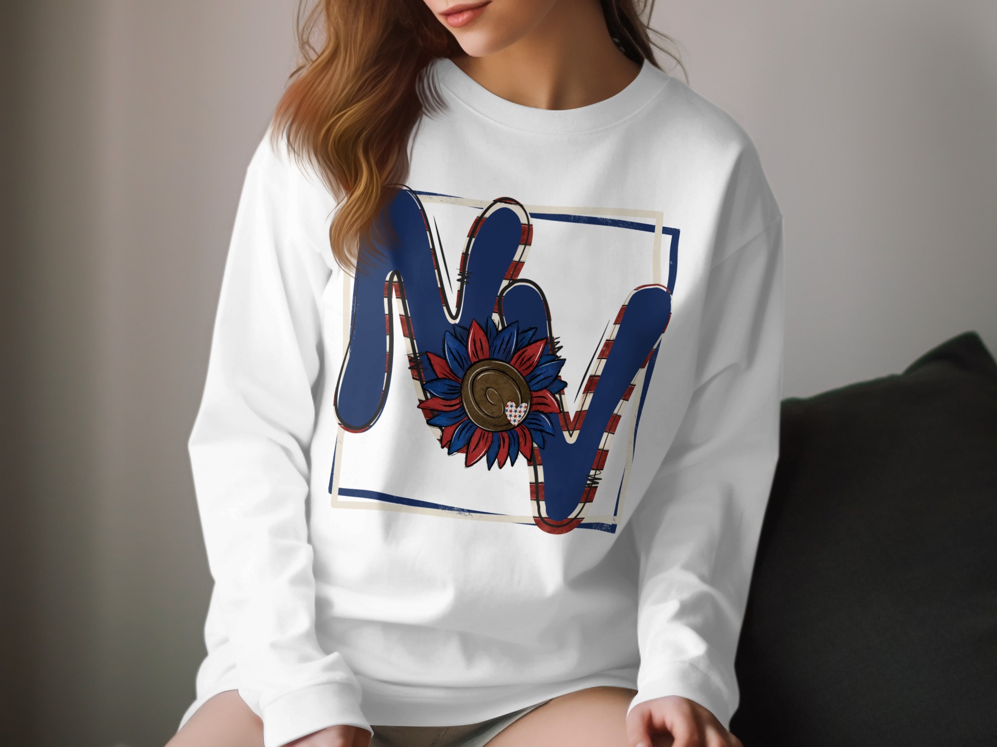 NV Patriotic Sunflower Long Sleeve T-Shirt, USA Pride Tee, American Flag Initial Shirt, Floral Letter Graphic Top, Trendy Fall Apparel