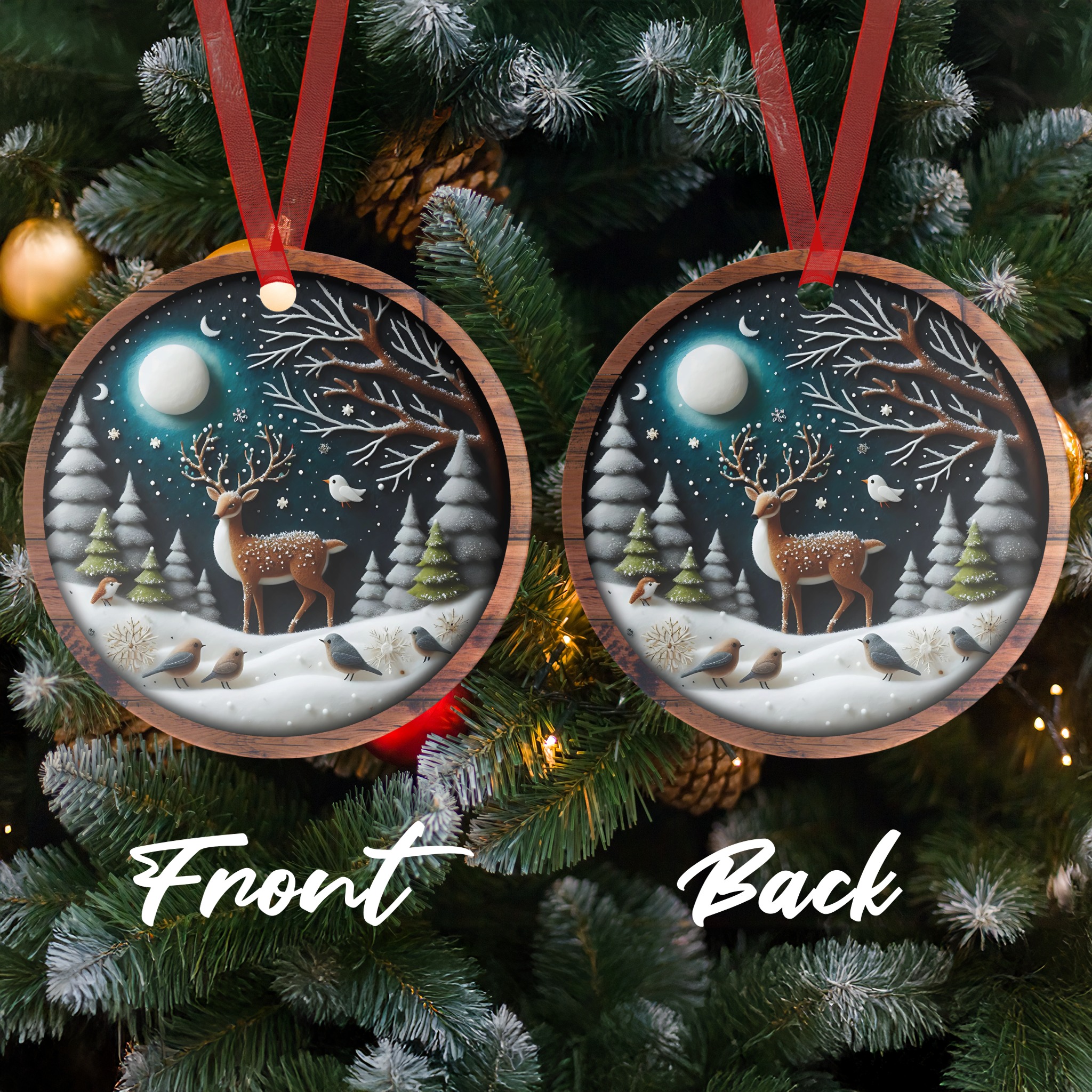 Winter Night Ornament, Reindeer Snow Scene, Holiday Birds Decor, Christmas Ornament, Unique Ornament, Christmas Decoration (139) - Image 2