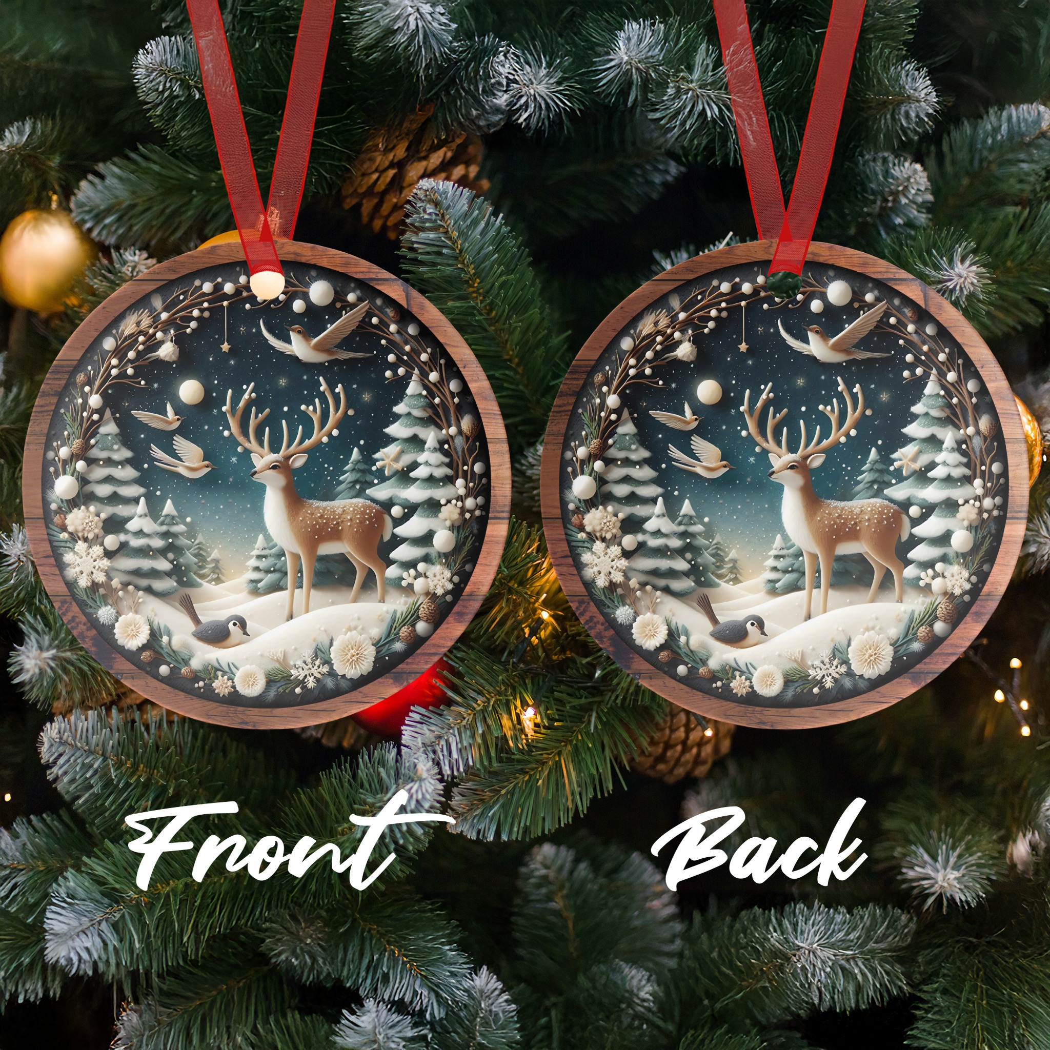 Winter Wonderland Ornament, Deer Ornament, Christmas Tree Decor, Holiday Ornament, Bird Ornament, Snowy Pine Tree Decor, Unique Ornament - Image 2
