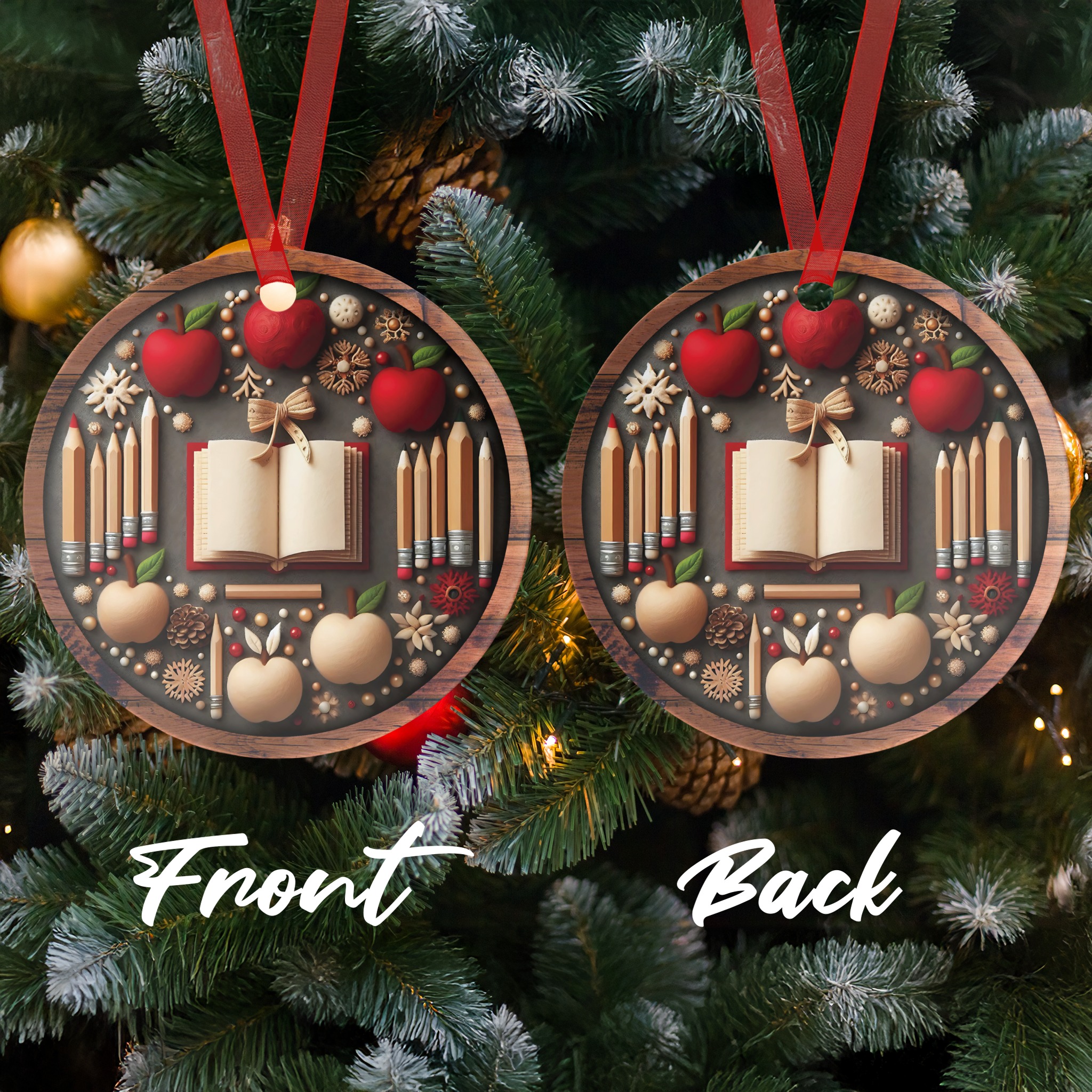 Teacher Ornament, Apple Ornament, School Ornament, Book Ornament, Wood Ornament, Teacher Gift, Back to School Gift, Book Lover Gift - Image 2