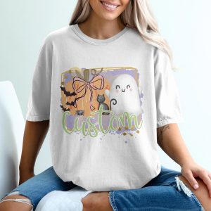 Halloween Custom T-Shirt, Cute Ghost Tee, Pumpkin Bow Shirt, Spooky Season Apparel, Cat Spider Bats Graphic Tee